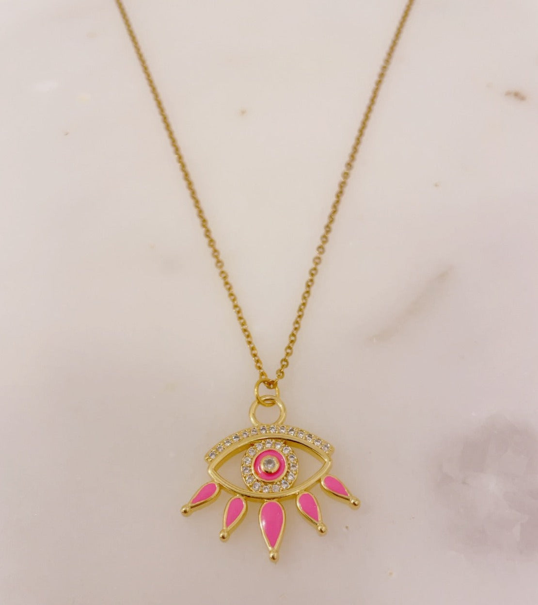 Ikasiya Pink Crystal Studded Evil Eye Necklace