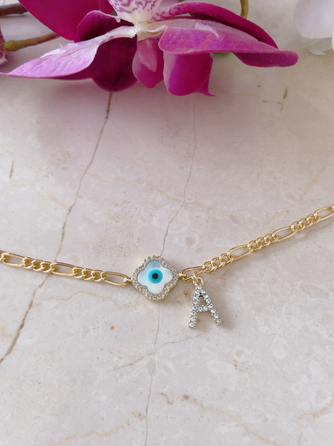 Personalised Clover Evil Eye Diamanté Letter bracelet with Adjustable Cord
