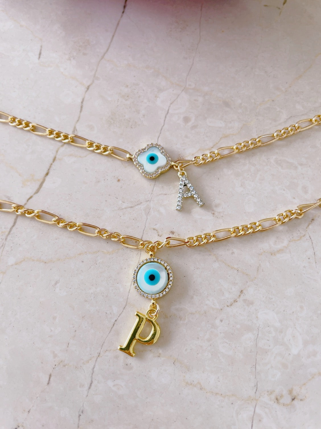 Personalised Round Evil Eye Gold Letter bracelet with Adjustable Cord