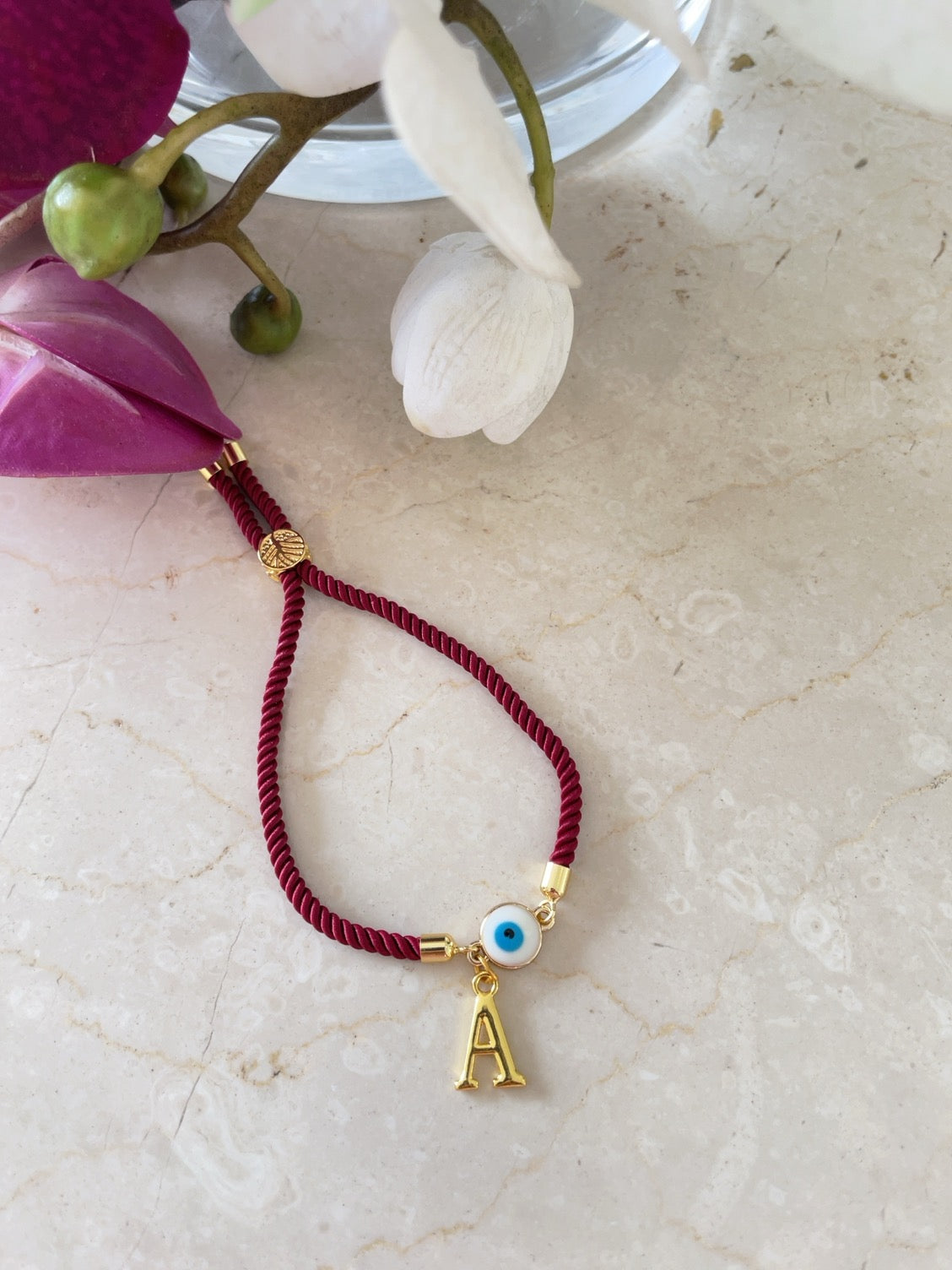 Personalised Evil Eye Letter bracelet with Maroon Cord
