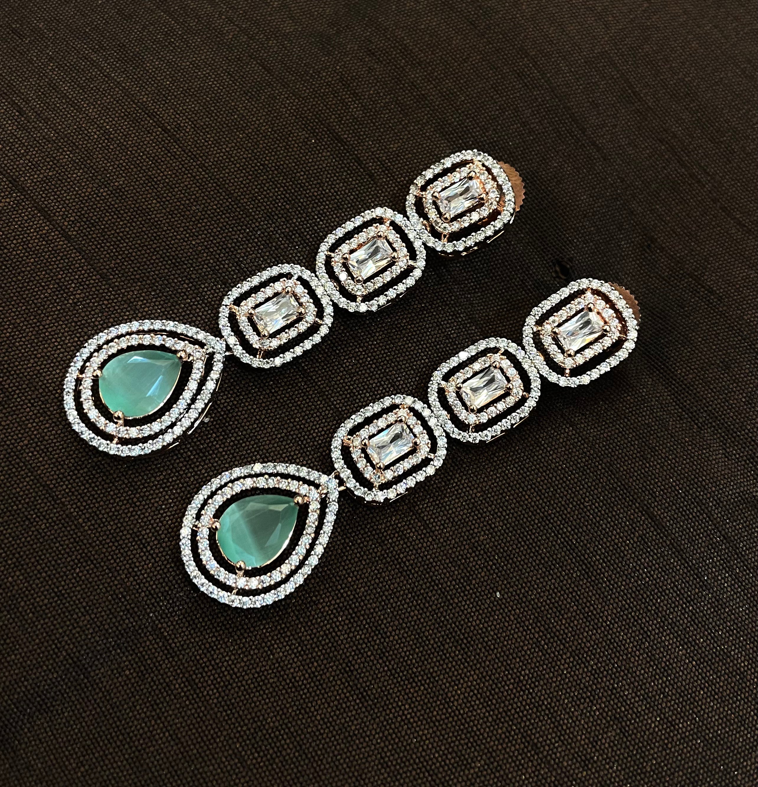 White Diamonds With Green Stone Long Earrings