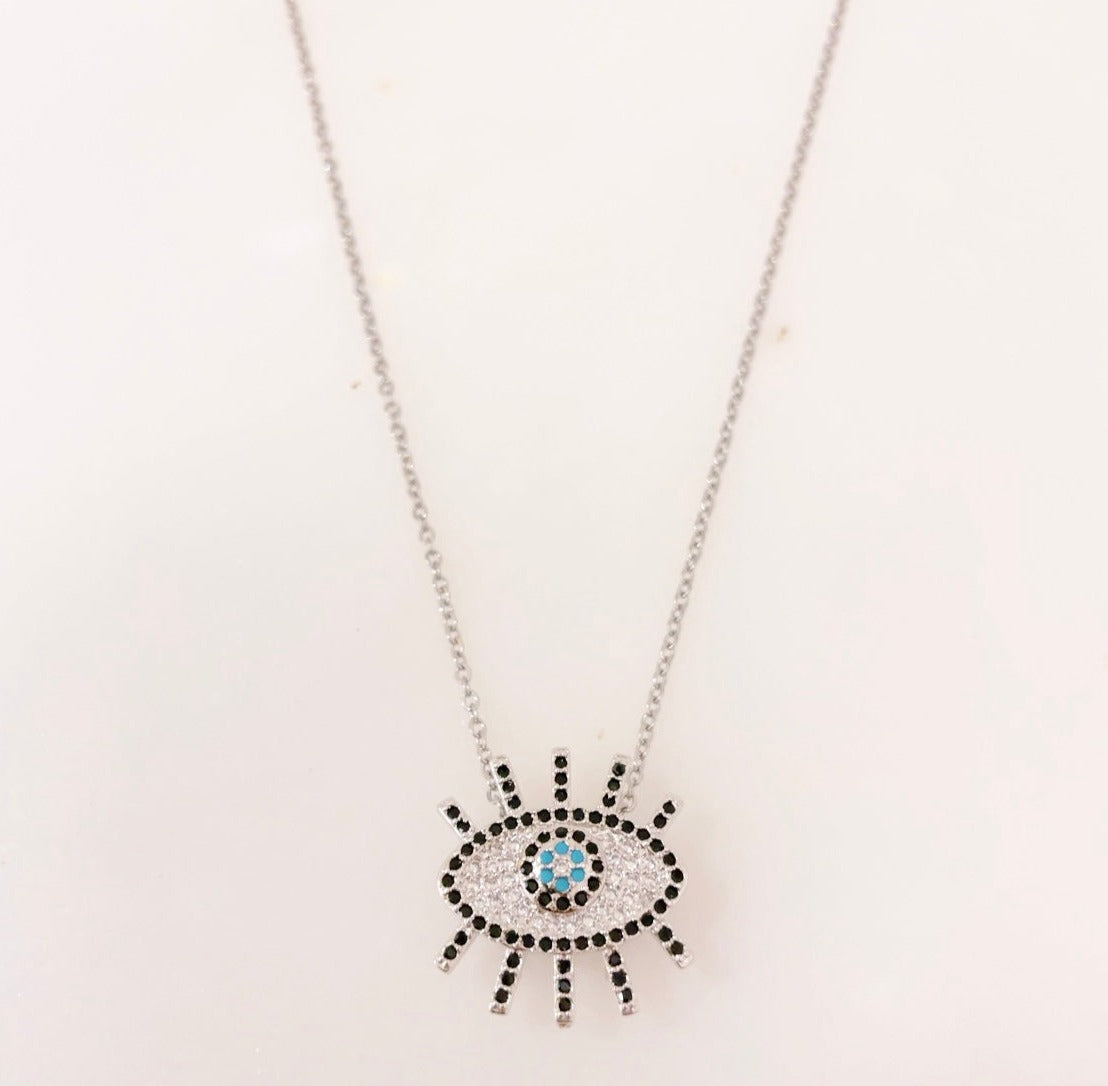 Ikasiya Silver Turq Crystal Studded Evil Eye Necklace