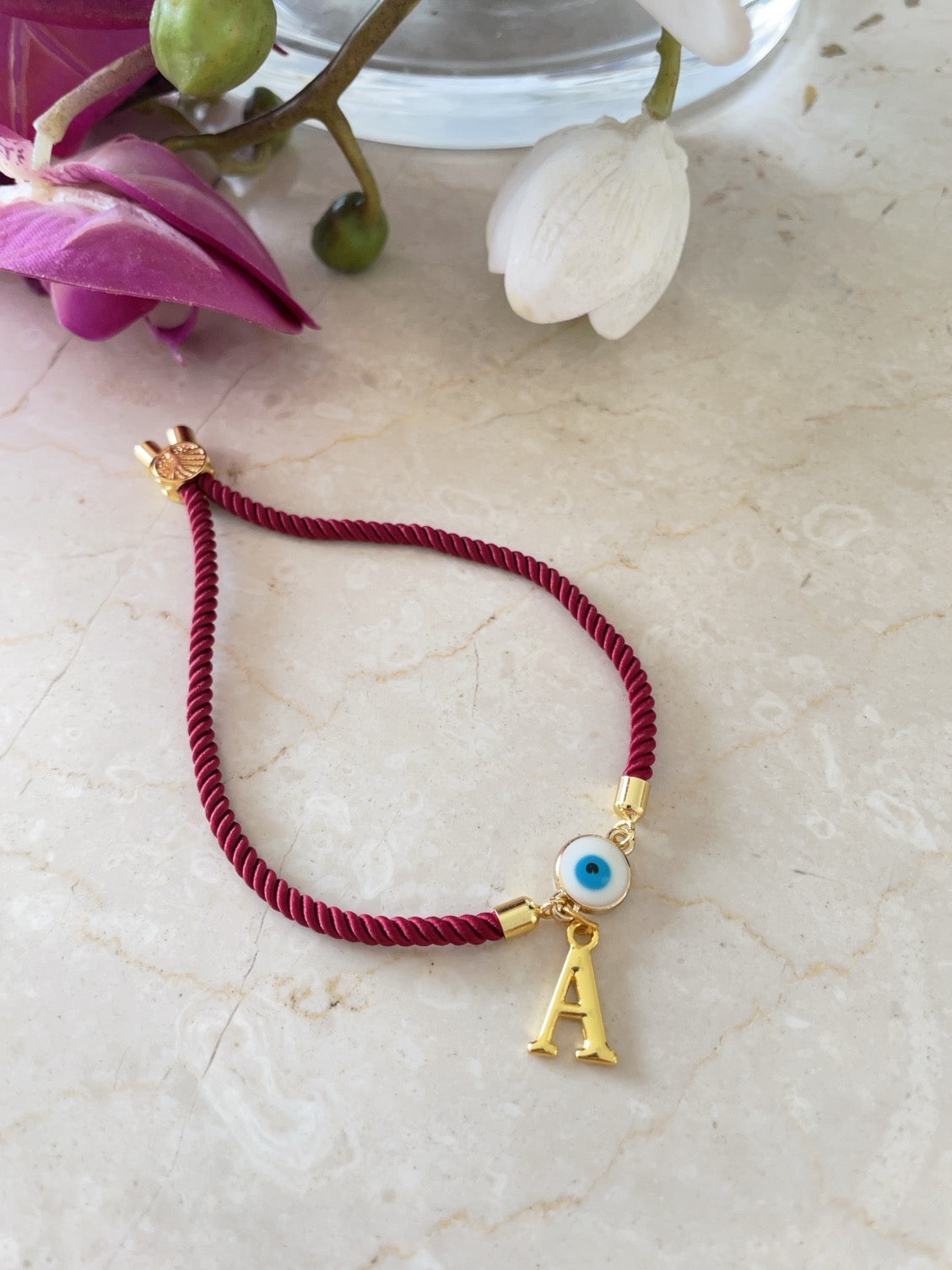 Personalised Evil Eye Letter bracelet with Maroon Cord