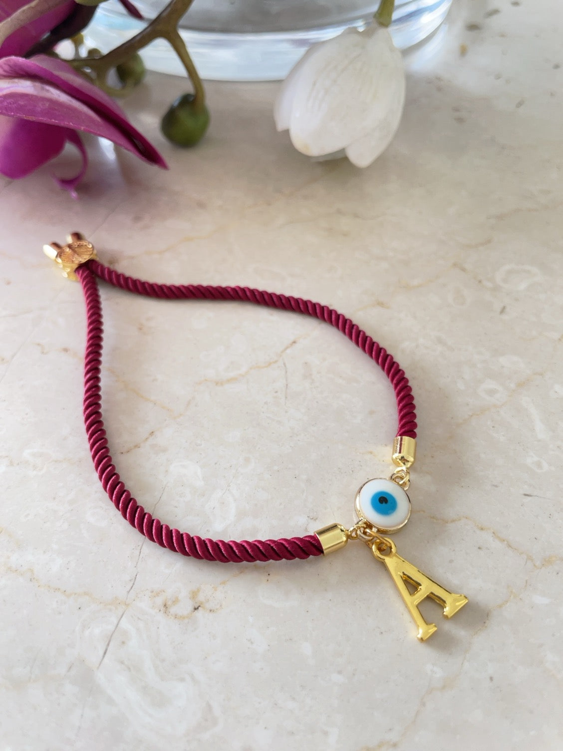 Personalised Evil Eye Letter bracelet with Maroon Cord
