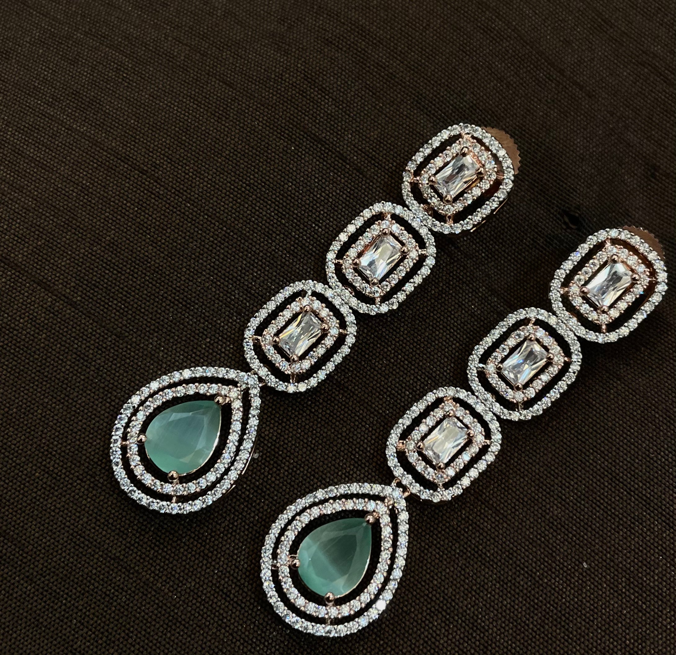 White Diamonds With Green Stone Long Earrings