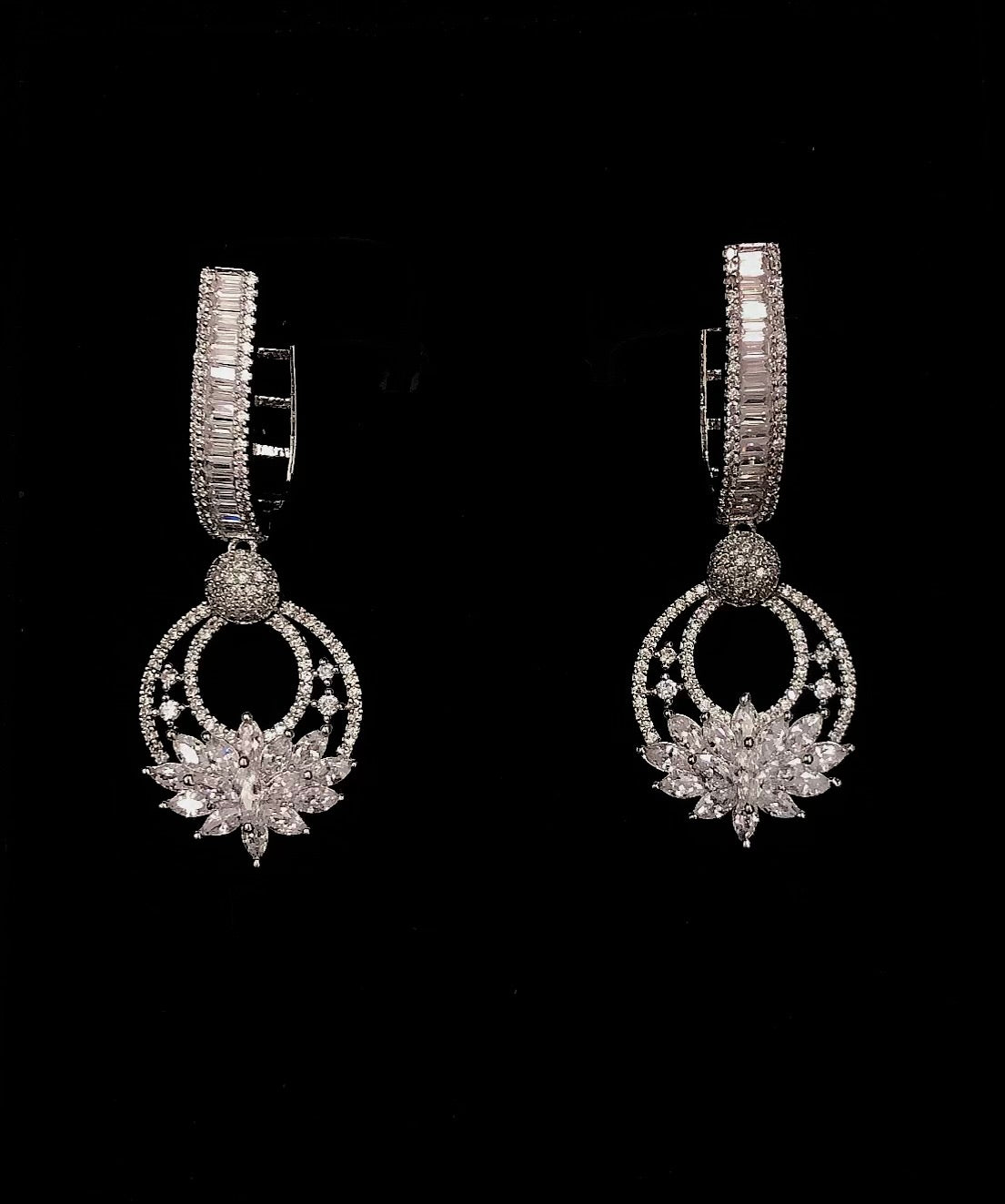 Diamond Flower Hoop Earrings with Baguettes