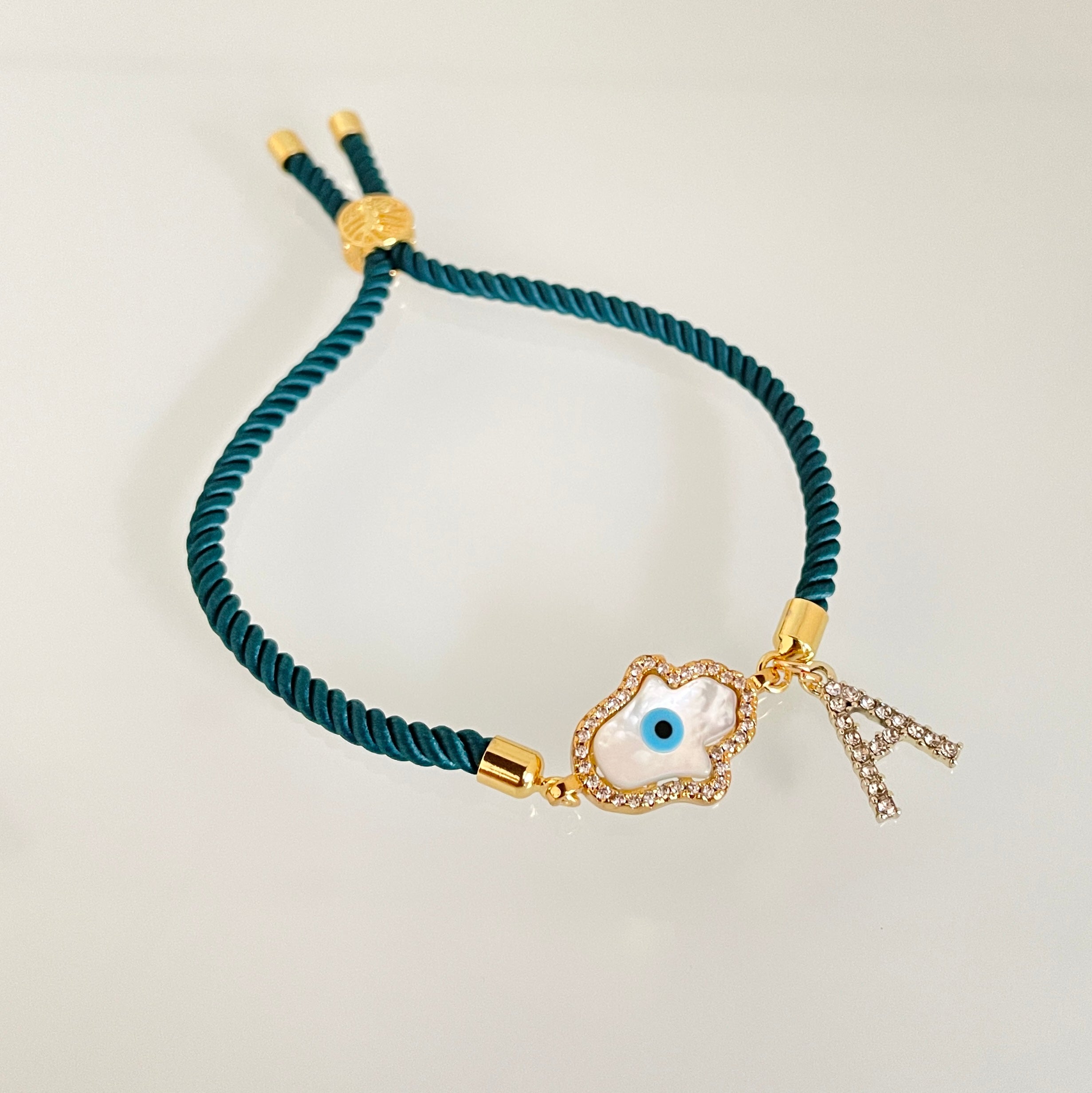 Personalised Hamza Evil Eye Bracelet with Green Cord