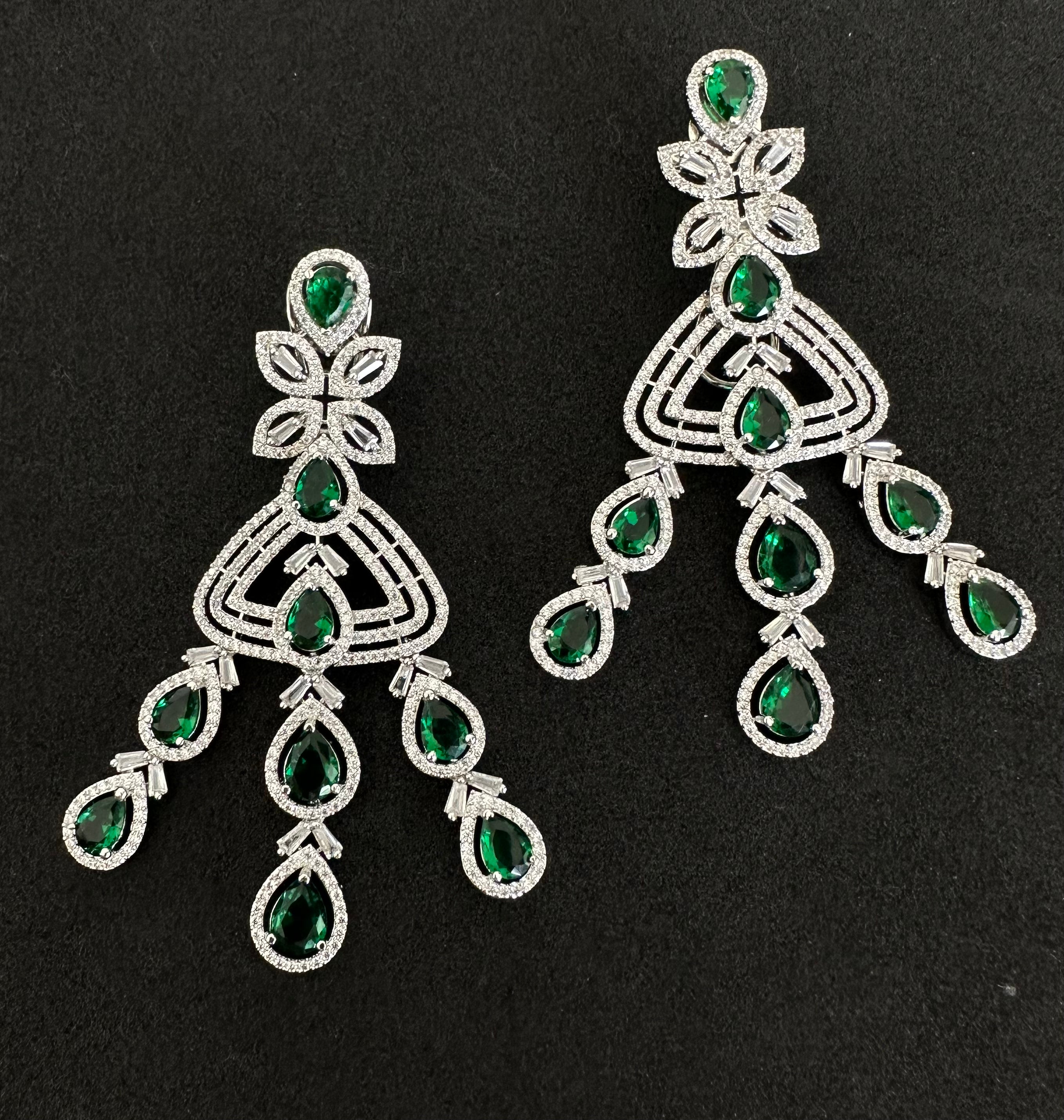 White Diamonds Long Earrings with Green Stones