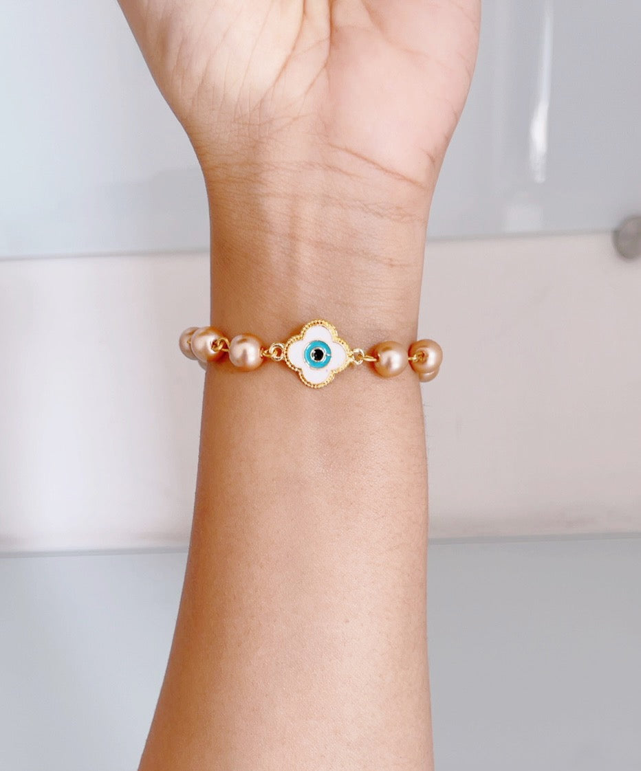 Clover Evil Eye Bracelet with Rose Gold Pearls