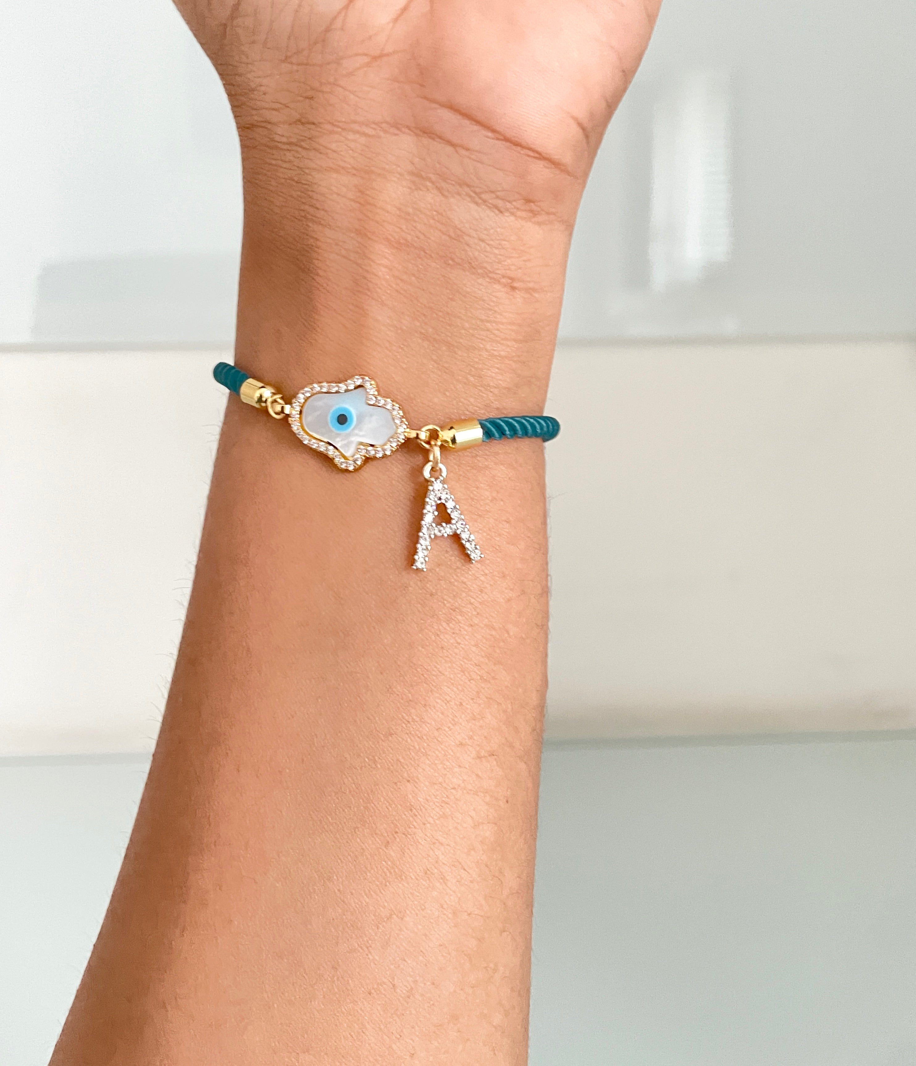 Personalised Hamza Evil Eye Bracelet with Green Cord