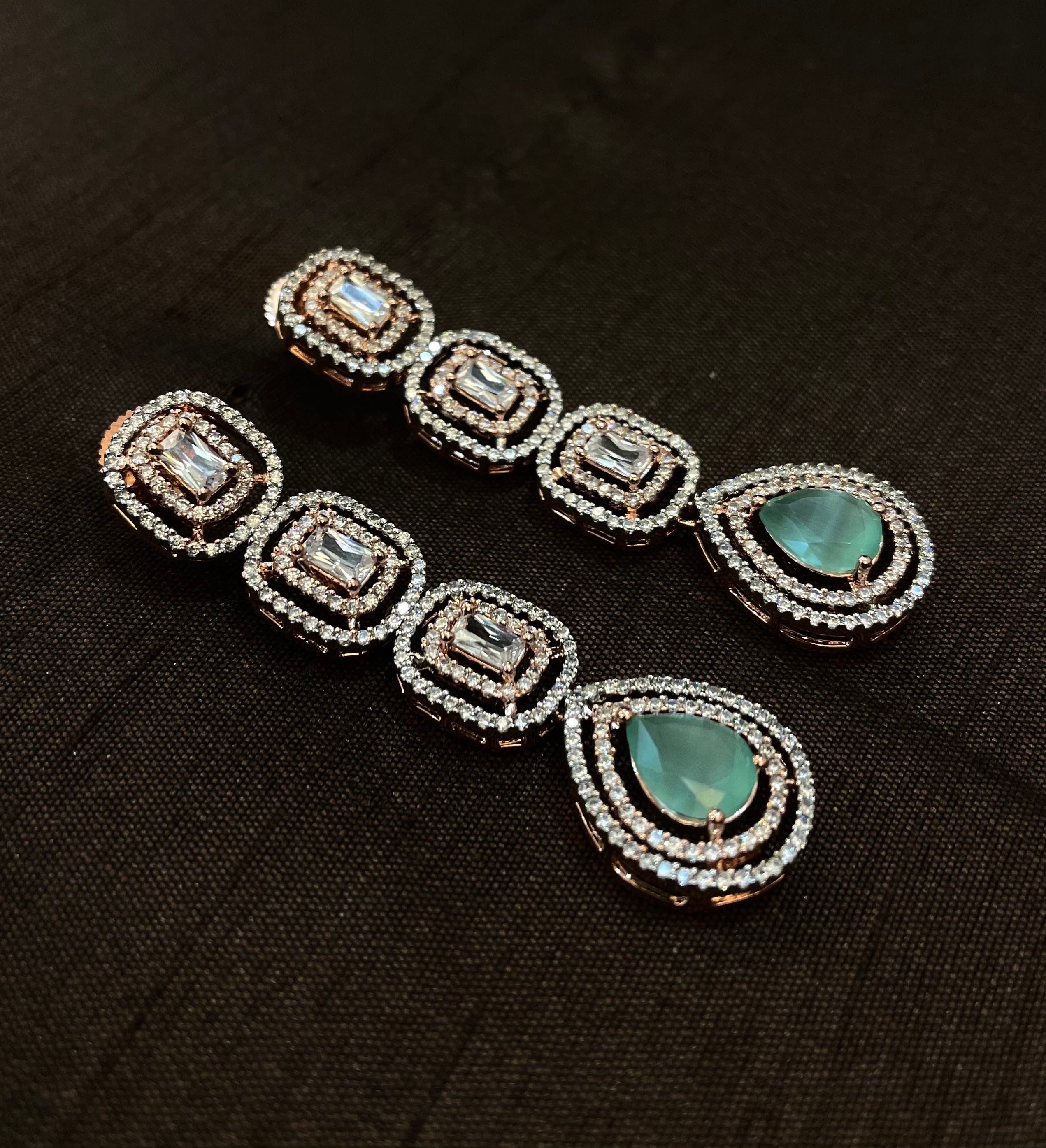White Diamonds With Green Stone Long Earrings