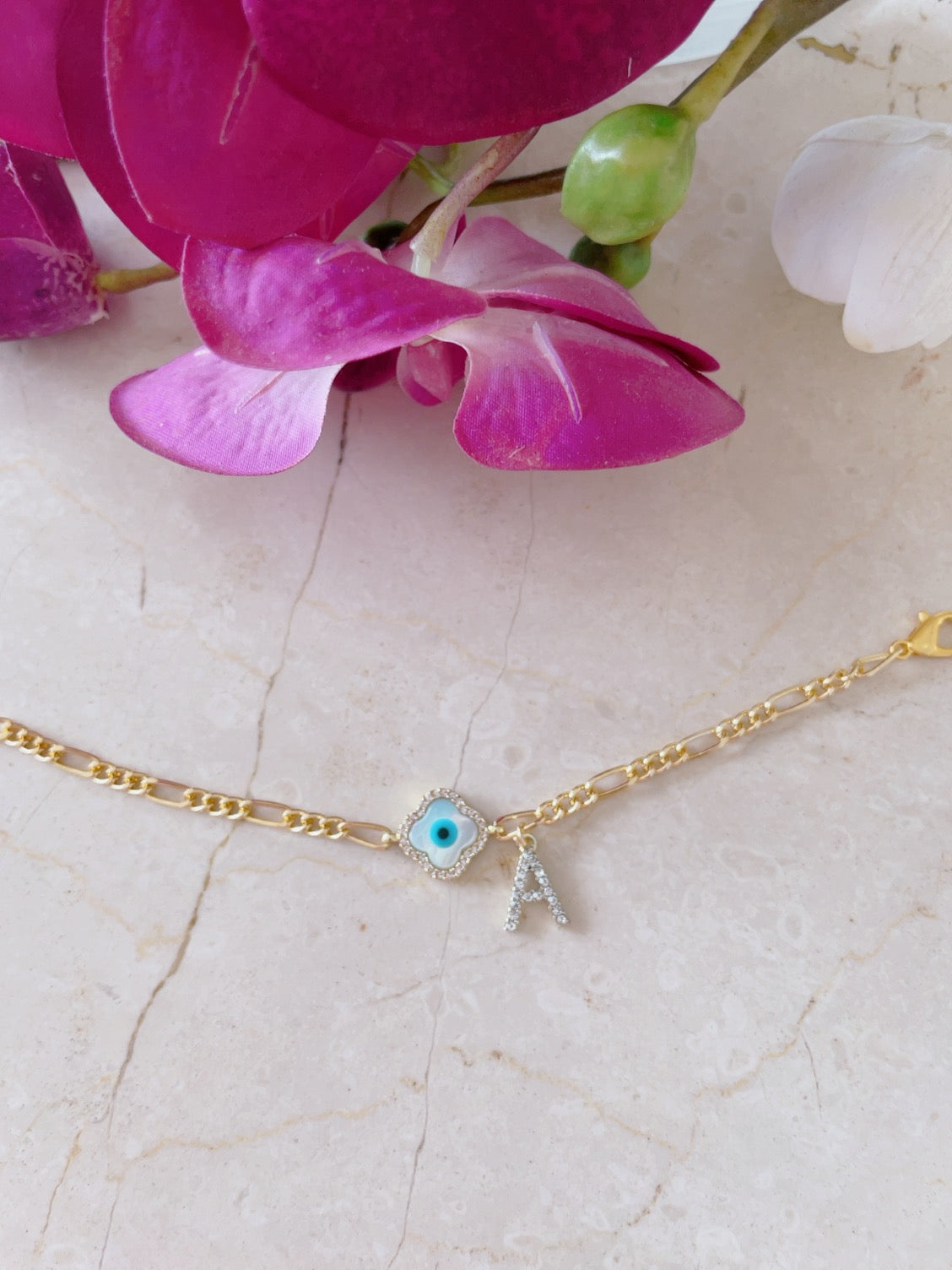 Personalised Clover Evil Eye Diamanté Letter bracelet with Adjustable Cord