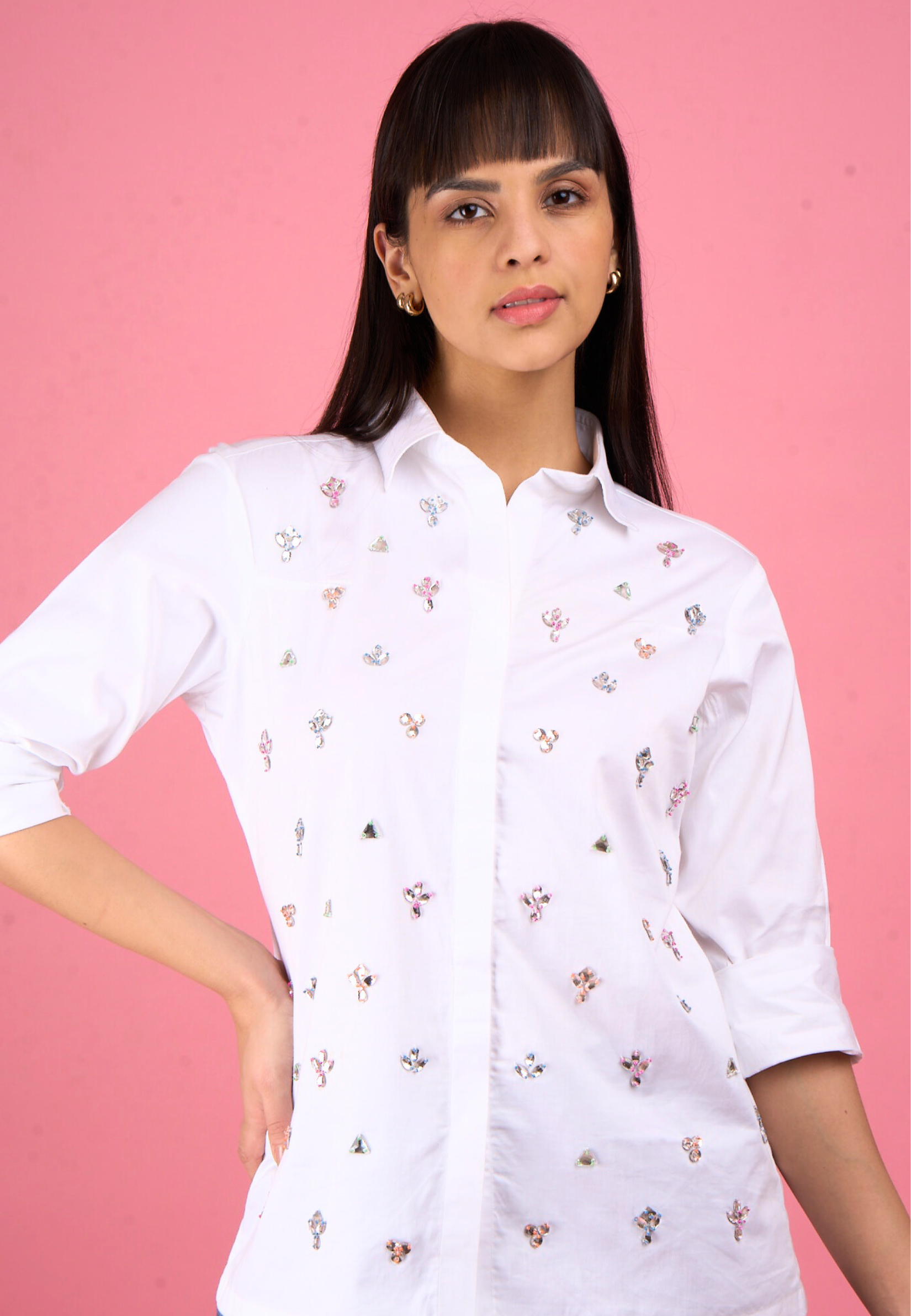 All Over Colourful Embellished Cotton Shirt