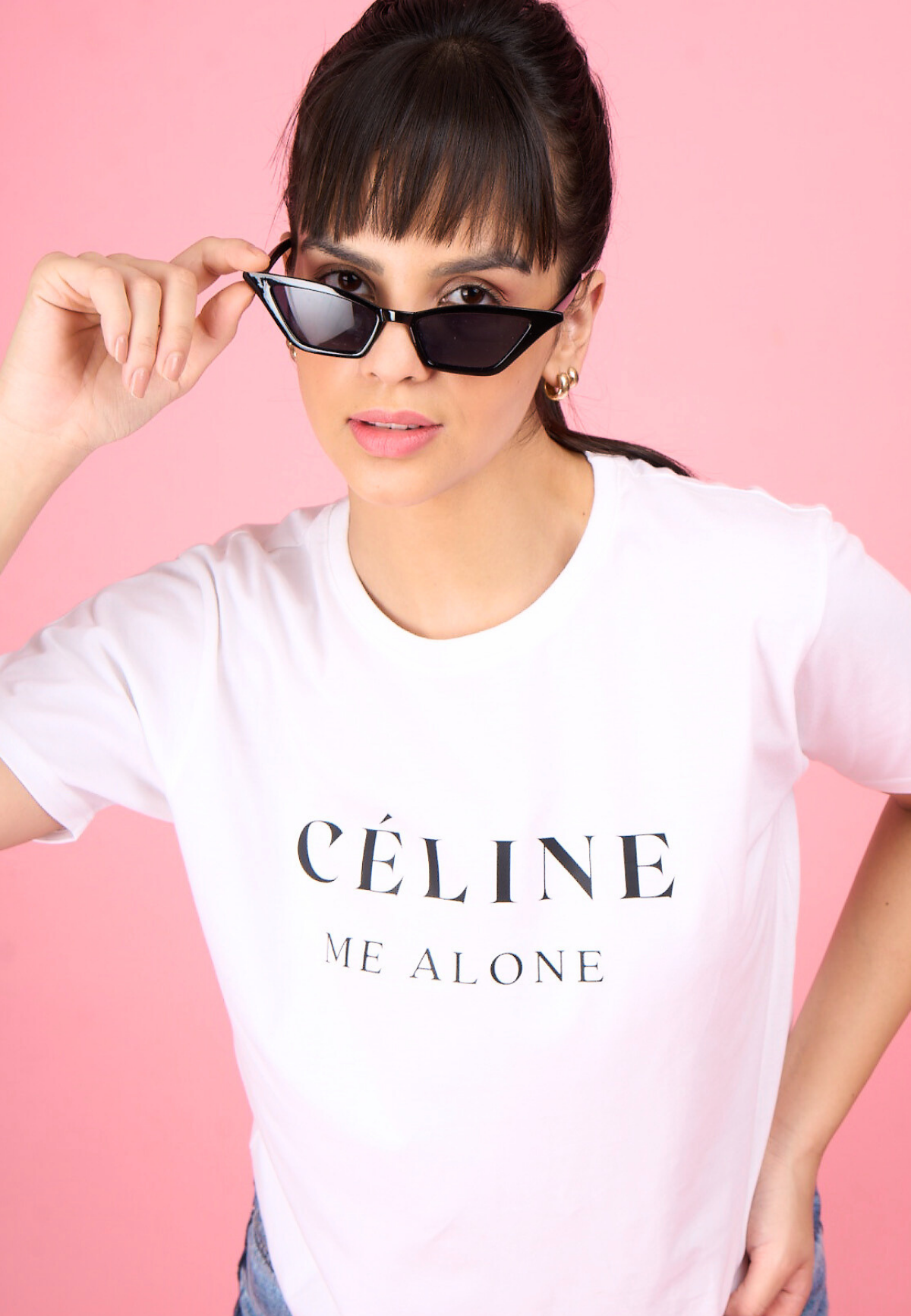 White Printed "Celine Me Alone" T-Shirt