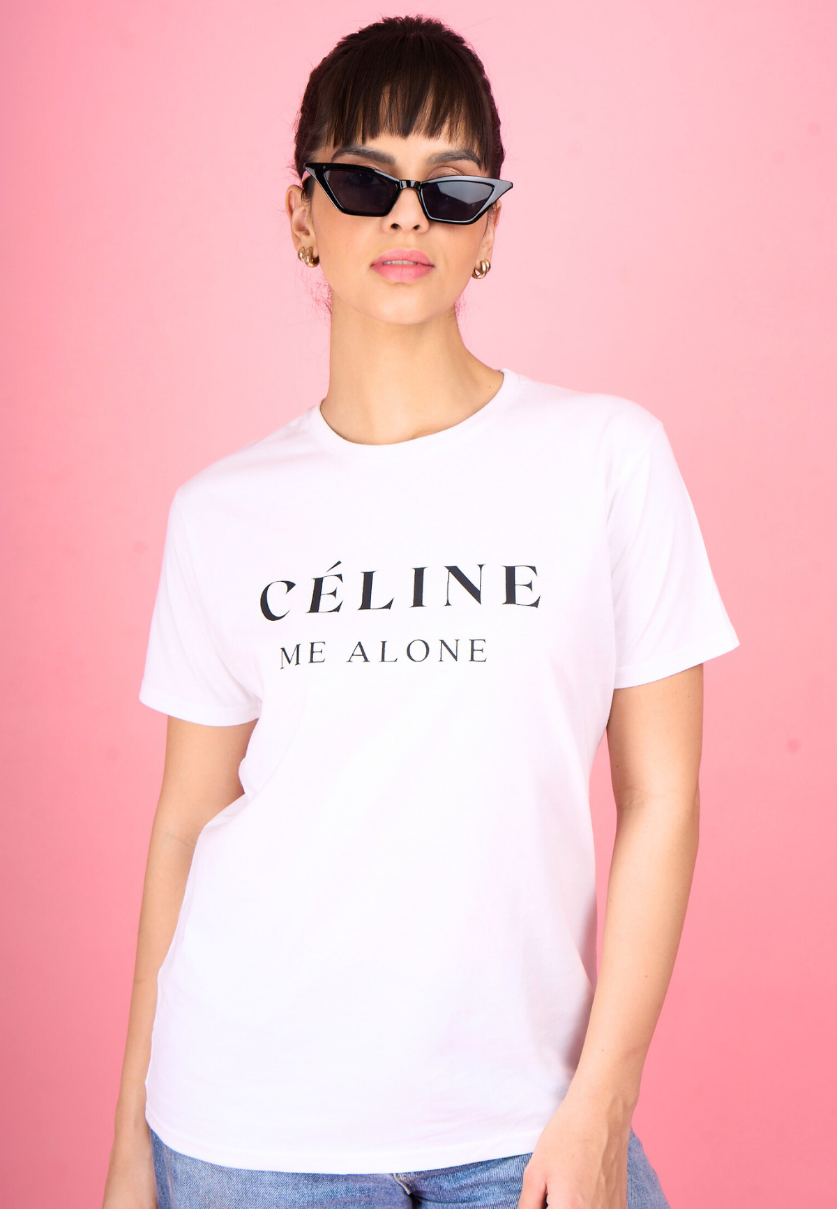 White Printed "Celine Me Alone" T-Shirt