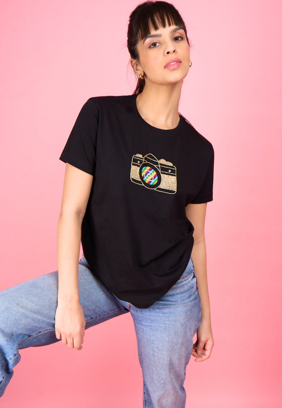 Black Embroidered Camera T-Shirt