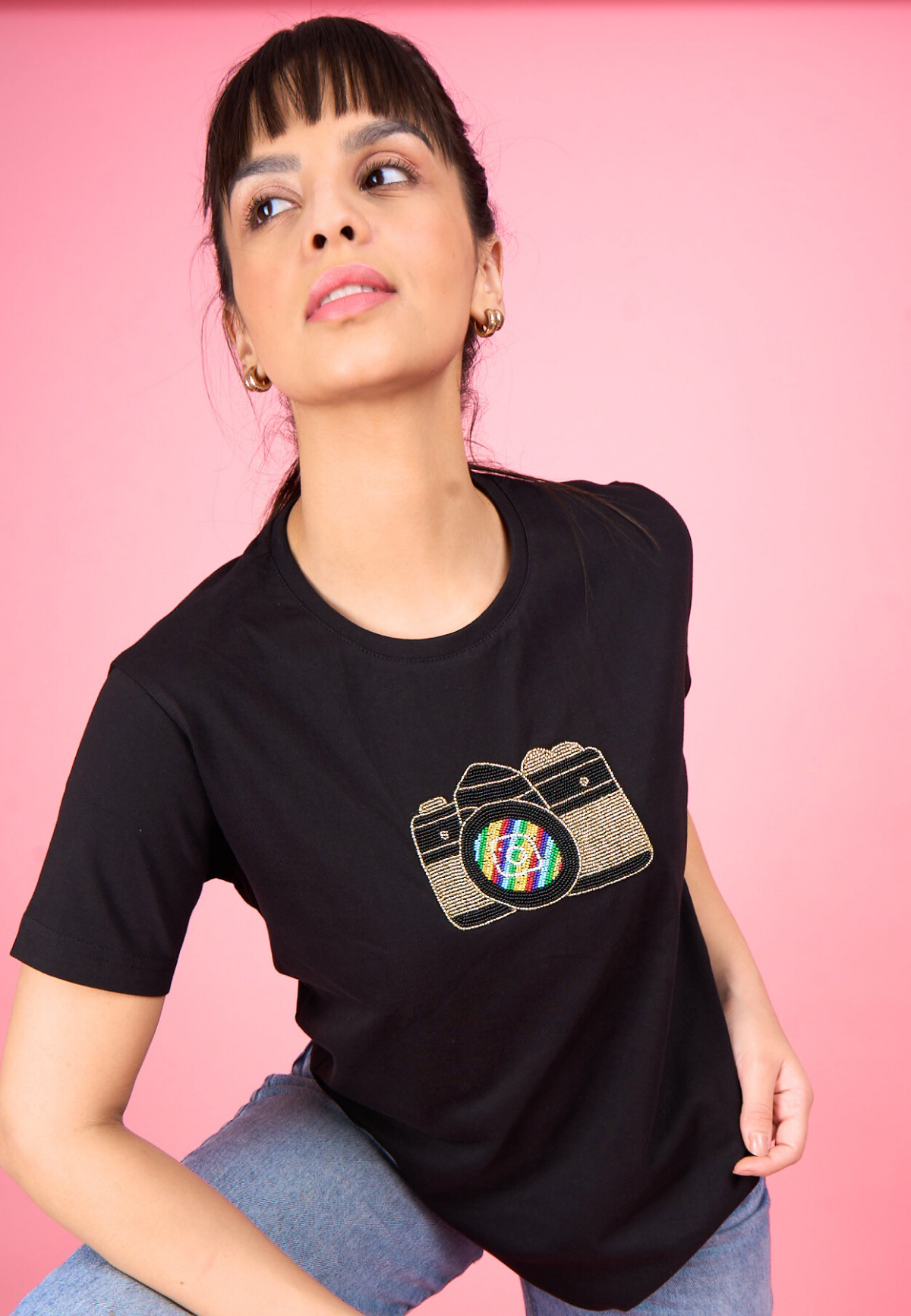 Black Embroidered Camera T-Shirt