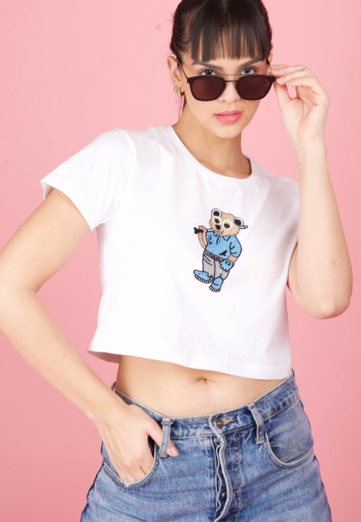White Embroidered Teddy Crop T-Shirt