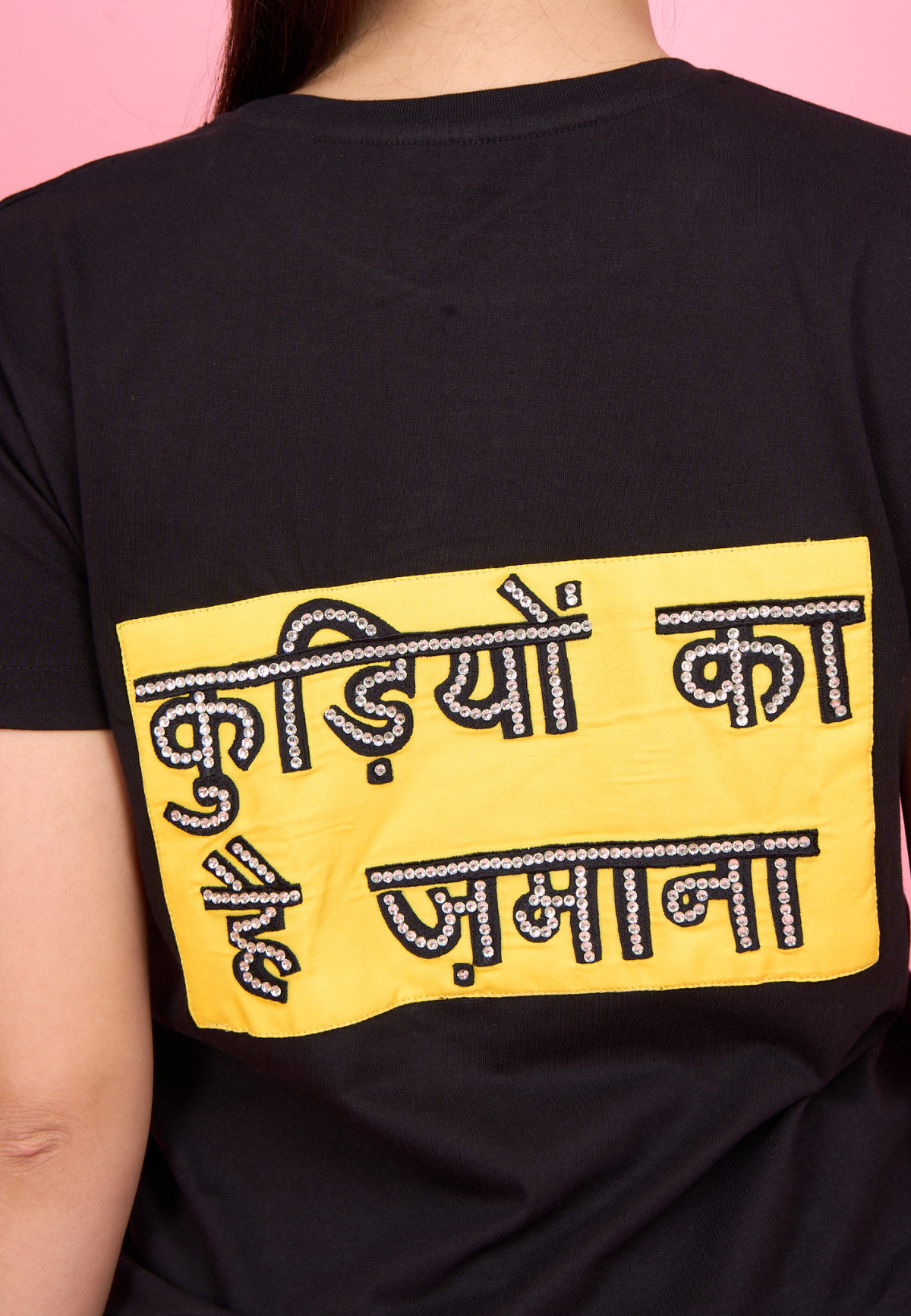 Black Embroidered T-Shirt "Kudiyon Ka Hai Zamana..." Printed on Back