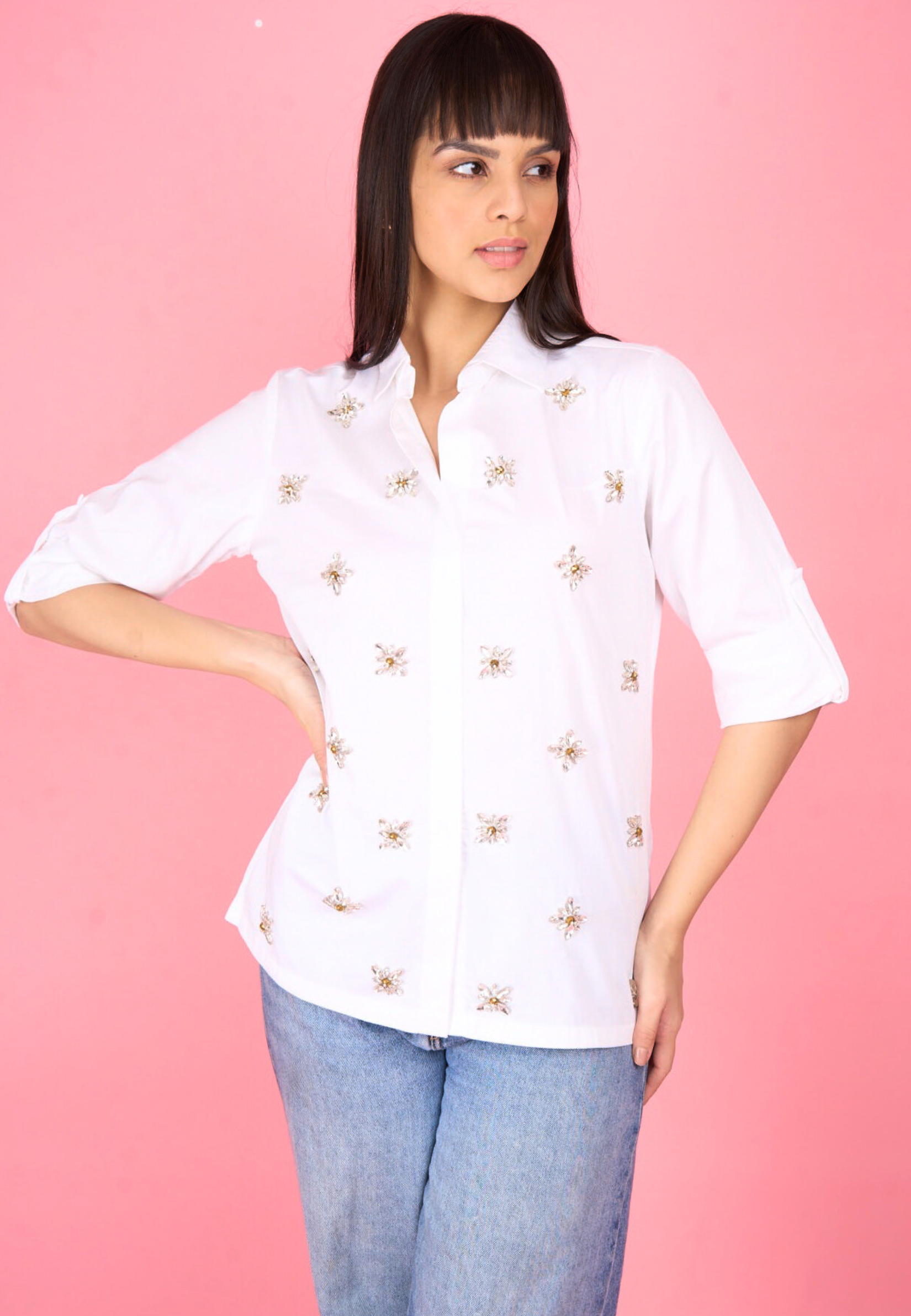 All Over Embellished Cotton Shirt (Sienna)
