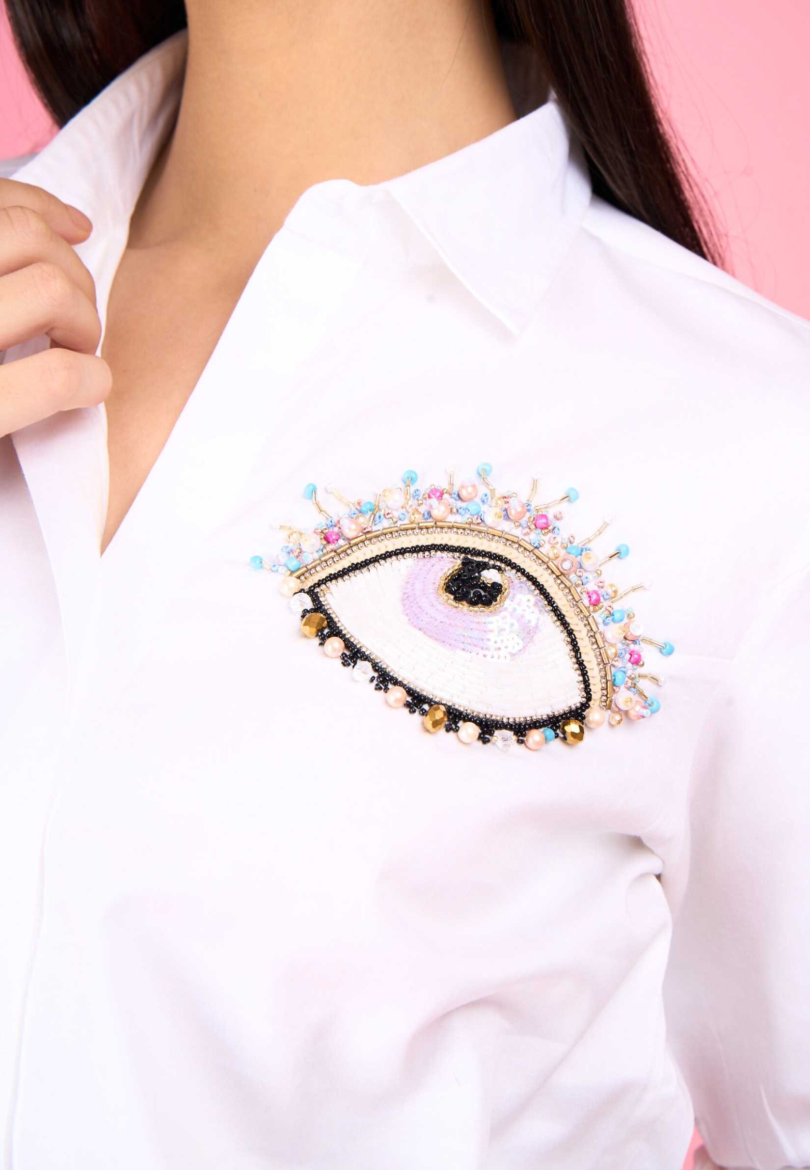 White Embroidered Evil Eye Cotton Shirt