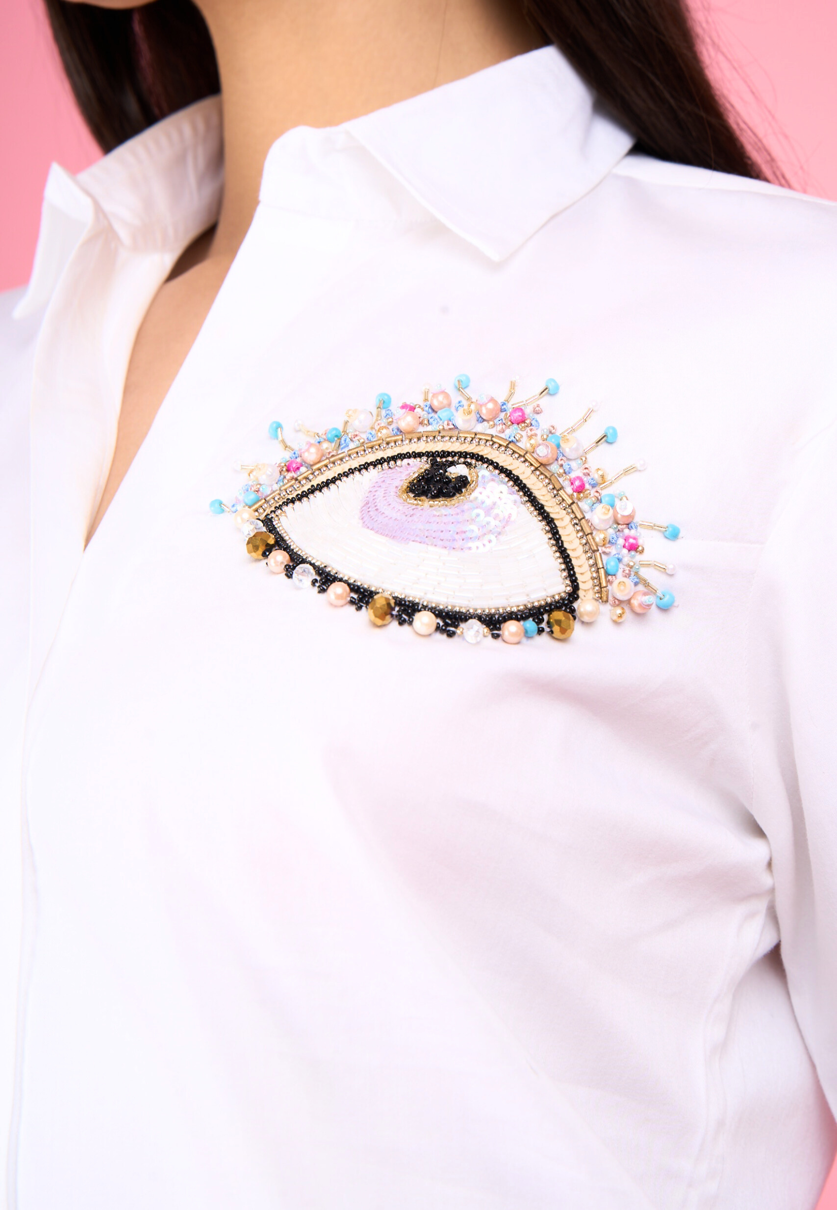 White Embroidered Evil Eye Cotton Shirt