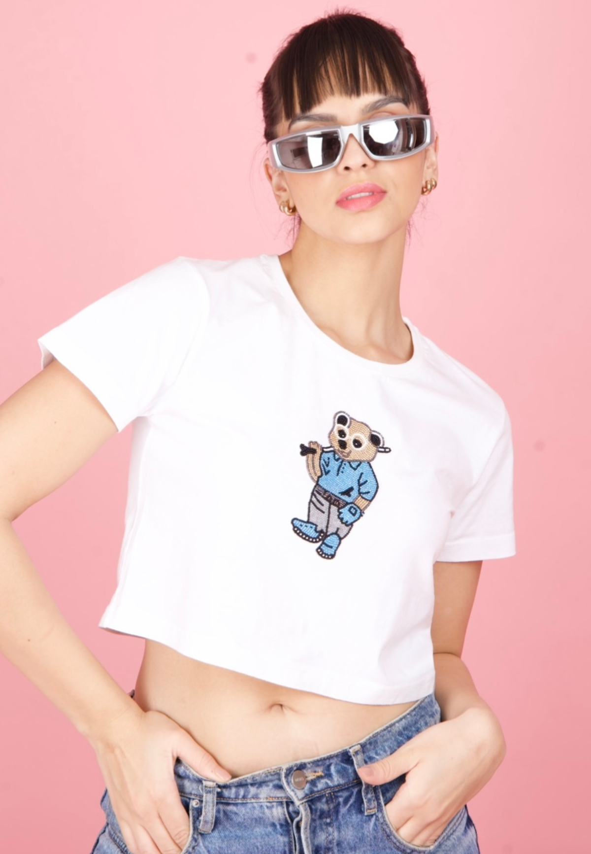 White Embroidered Teddy Crop T-Shirt