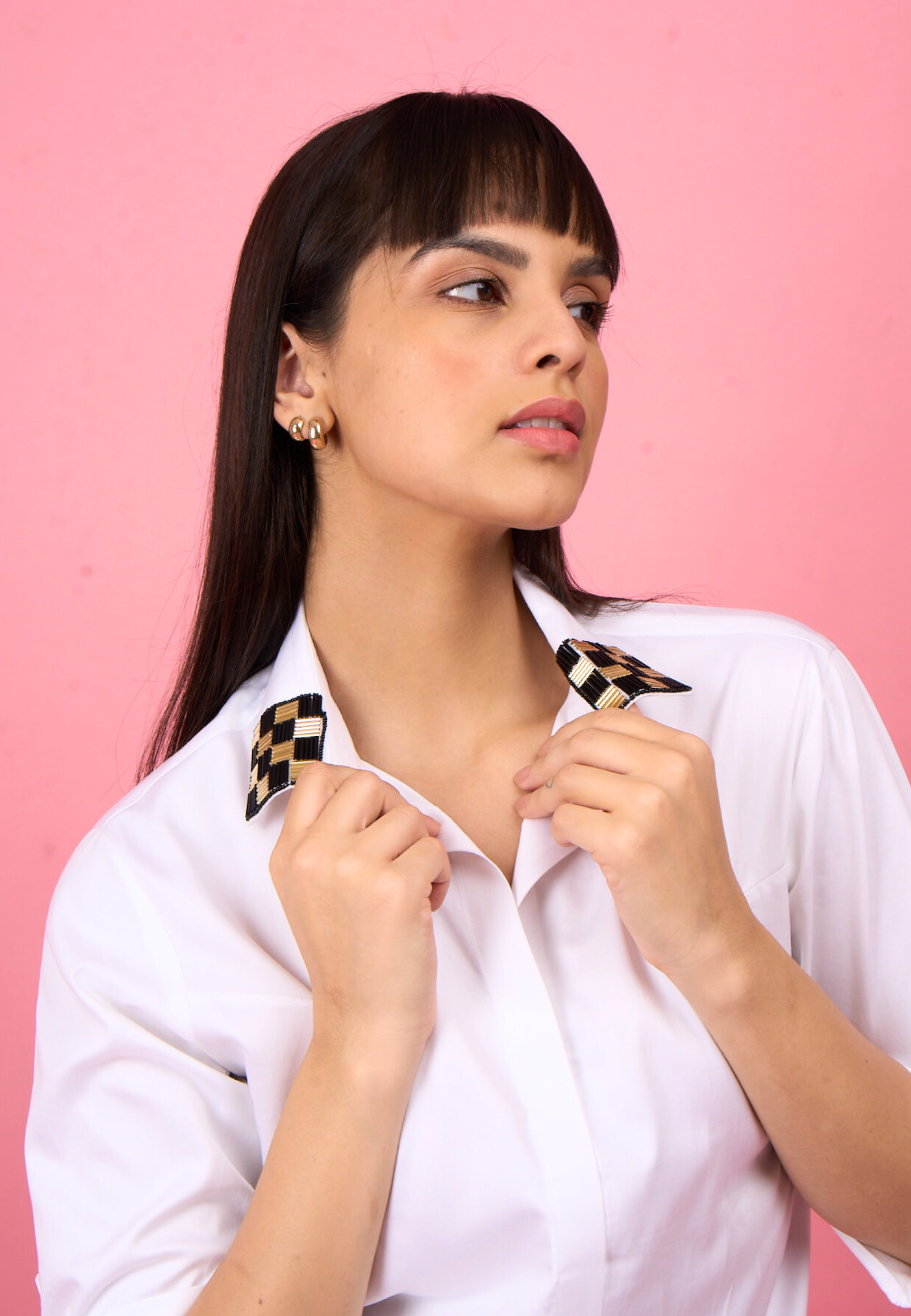 White Sequinned Embroidered Collar Shirt