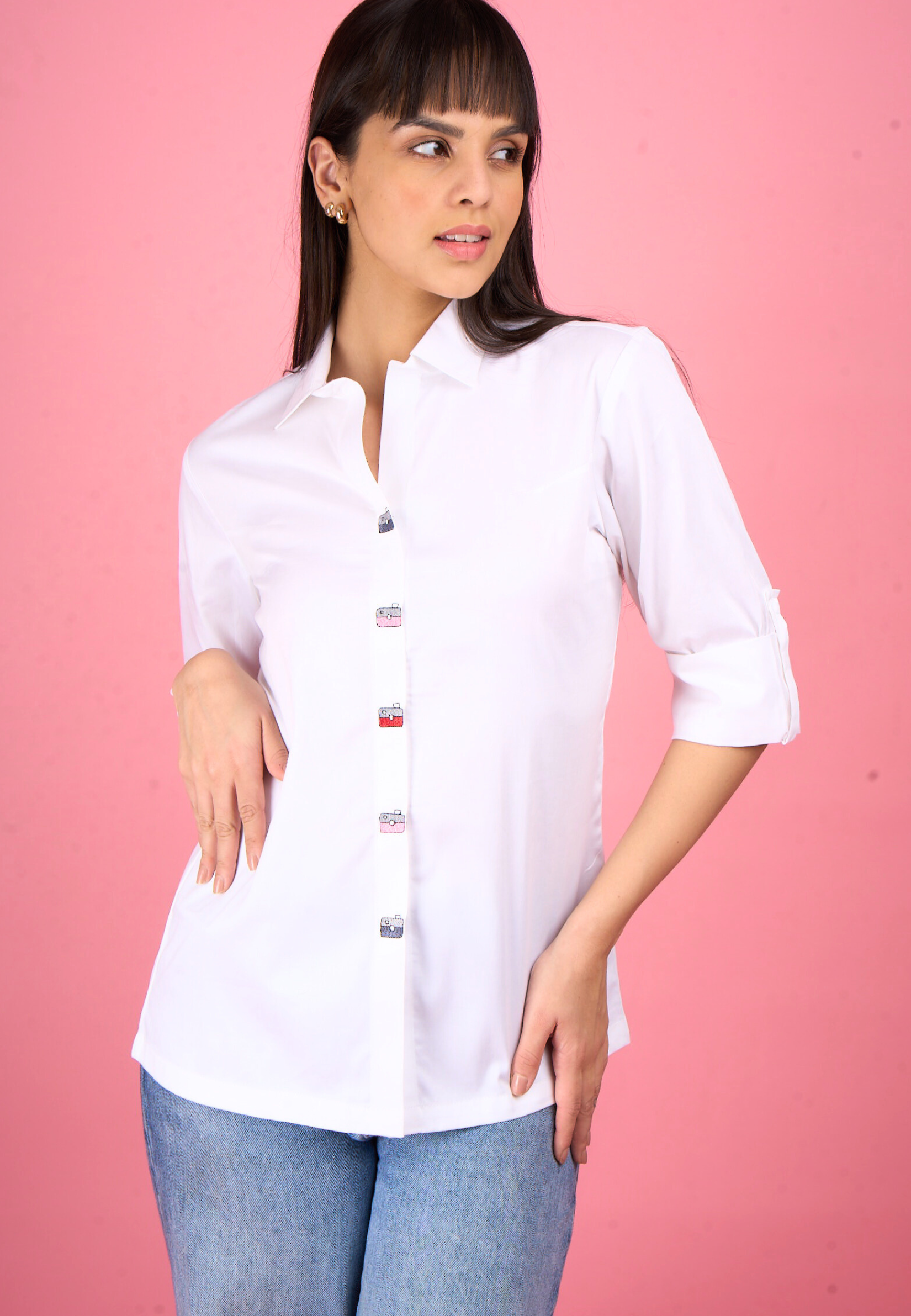 White Playful Embroidered Button Shirt