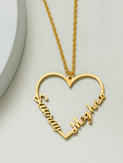 Personalized Gold Plated Couple Name Heart Necklace (Features two names)