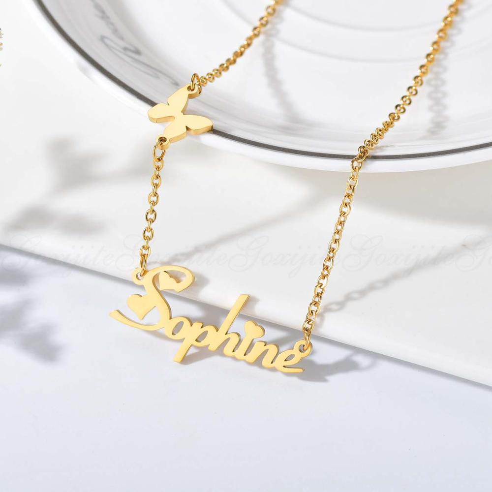 Personalized Gold Plated Name Necklace with Butterfly & Heart
