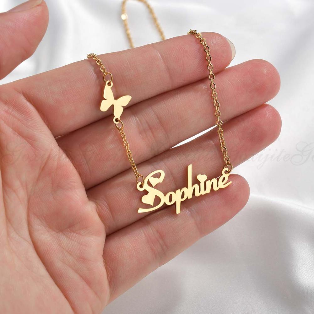 Personalized Gold Plated Name Necklace with Butterfly & Heart