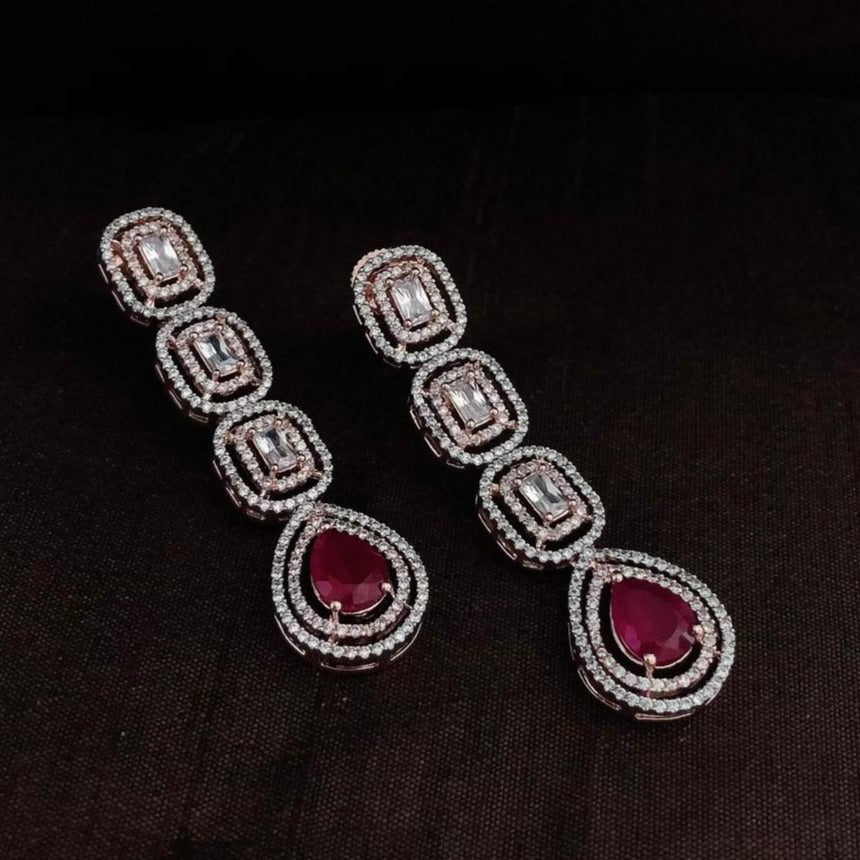 White Diamonds With Ruby Long Earrings