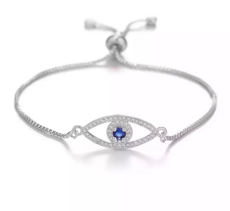 Ikasiya Silver Evil Eye Bracelet with Midnight Blue Stone
