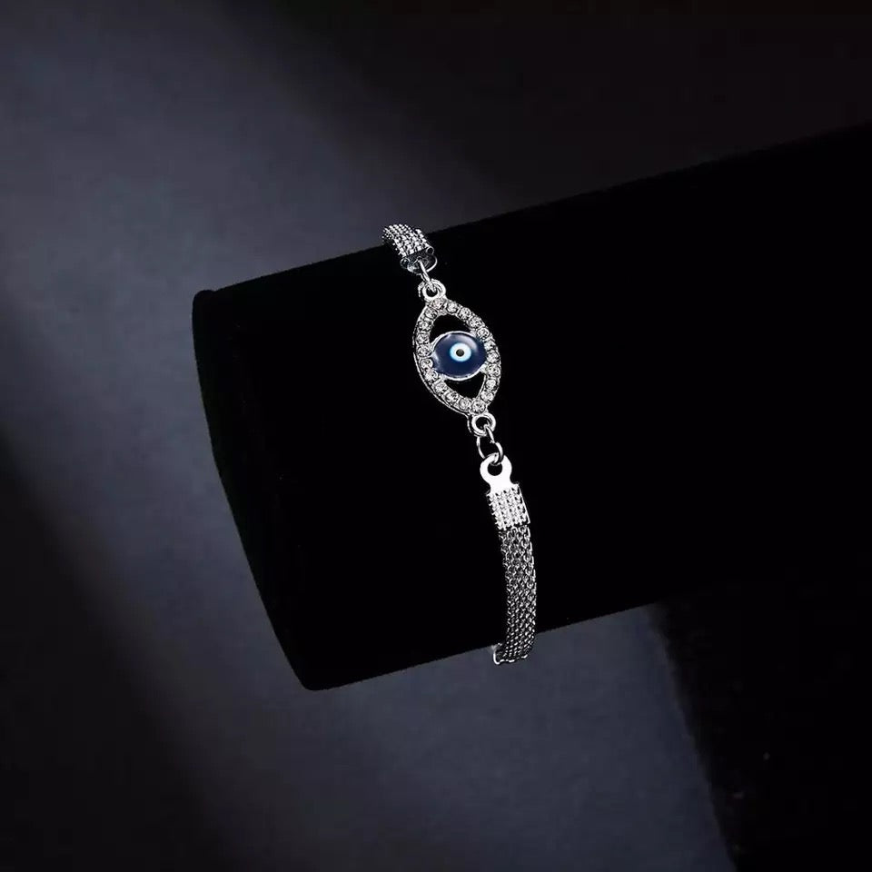 Ikasiya Silver Studded Blue Evil Eye Bracelet