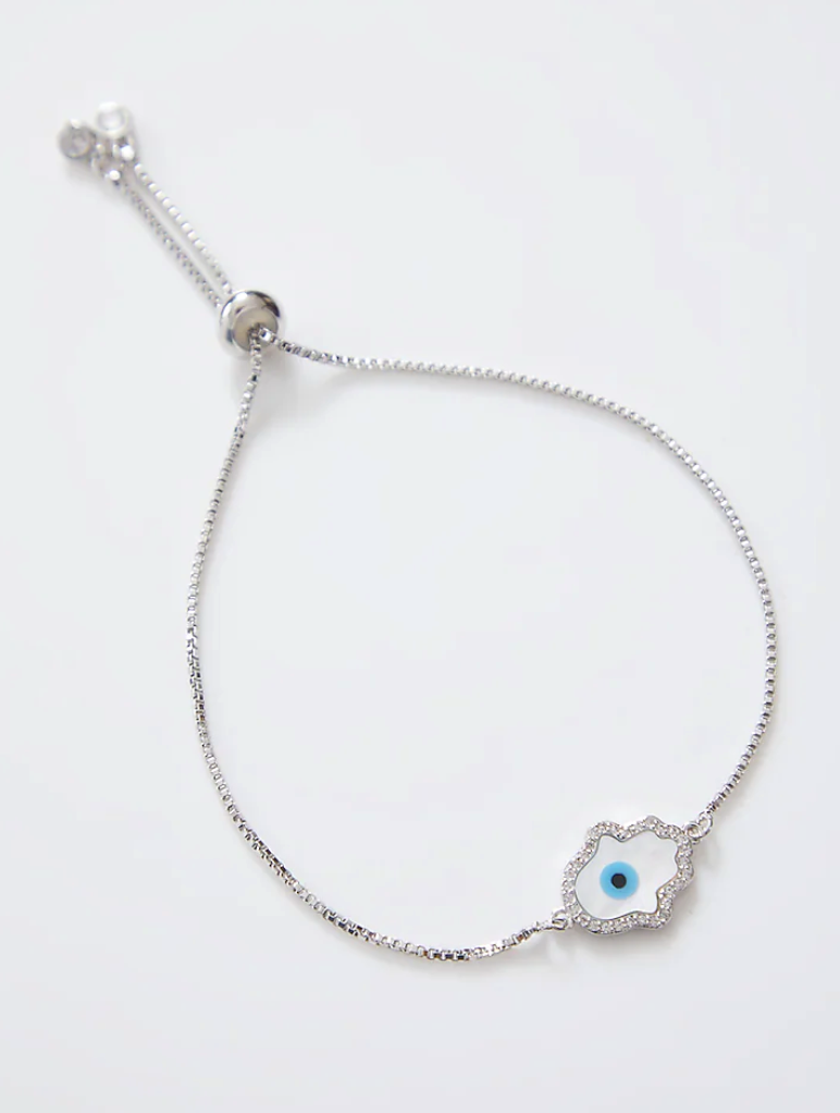 Mother of Pearl Silver Hamza Evil Eye Bracelet With Adjustable String