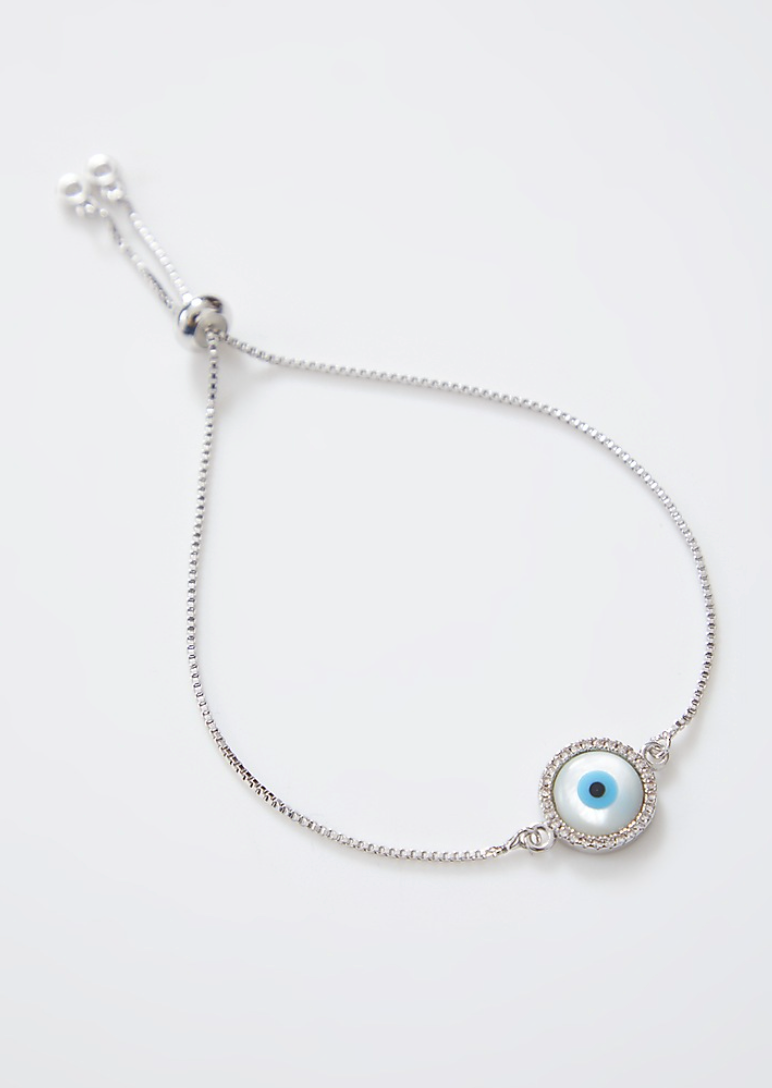 Round Silver Pearl Evil Eye Rakhi With Silver Adjustable String