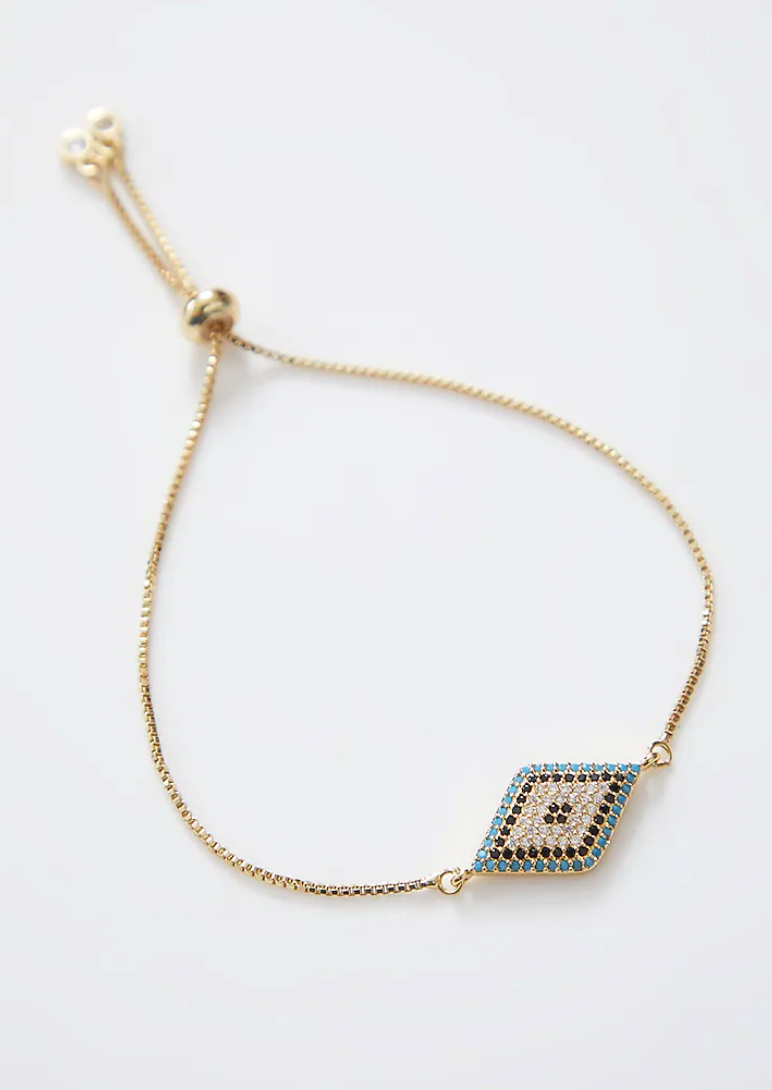 Diamond Gold Blue Evil Eye Bracelet With Adjustable String