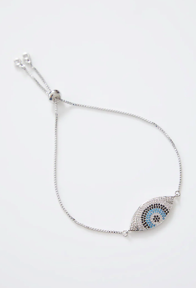 Crusted Silver Evil Eye Rakhi With Silver Adjustable String