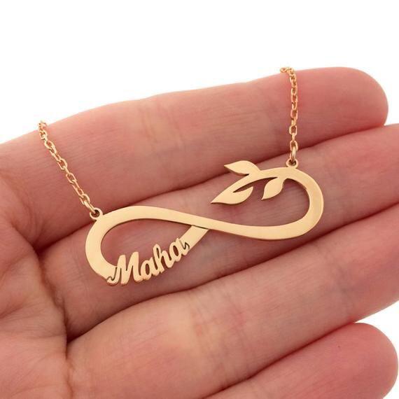 Personalized Gold Plated Infinity Name Necklace with Leaf Carving (Features one name)