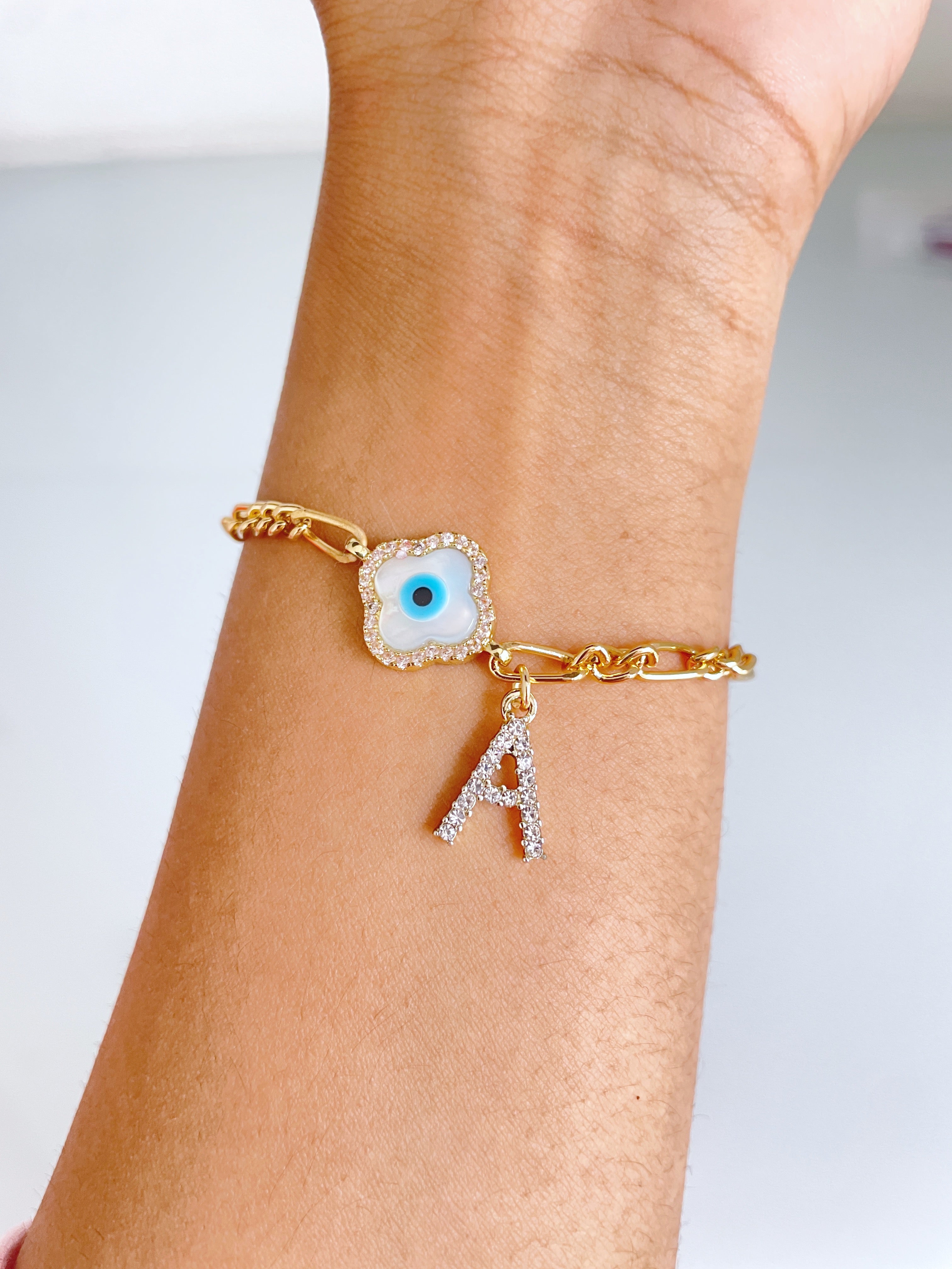 Personalised Clover Evil Eye Diamanté Letter bracelet with Adjustable Cord