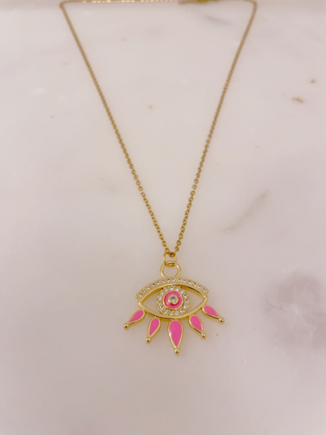 Ikasiya Pink Crystal Studded Evil Eye Necklace