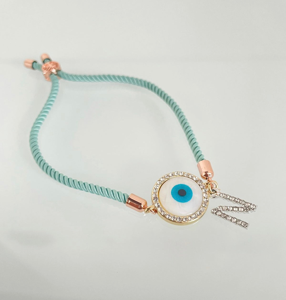 Personalised Evil Eye Letter bracelet with Green Cord