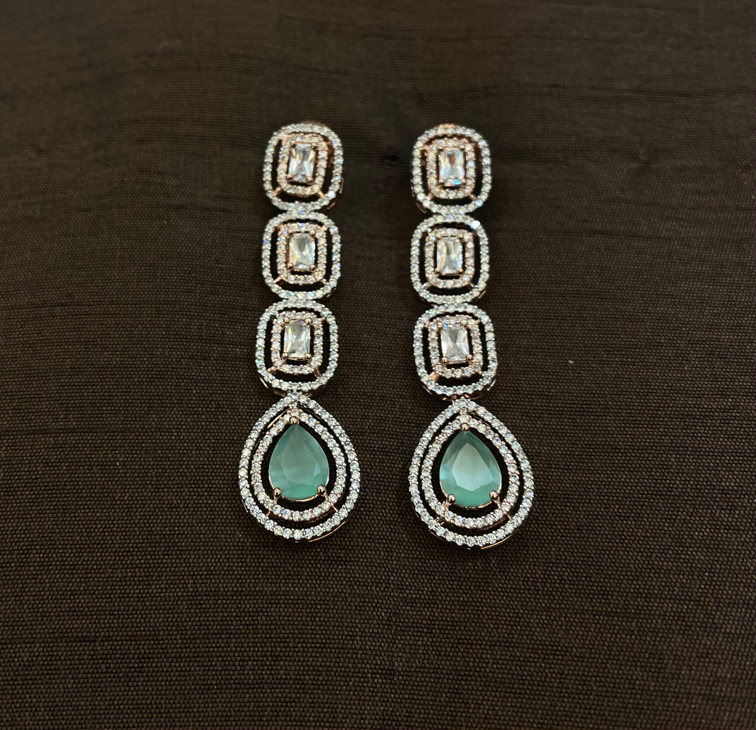 White Diamonds With Green Stone Long Earrings