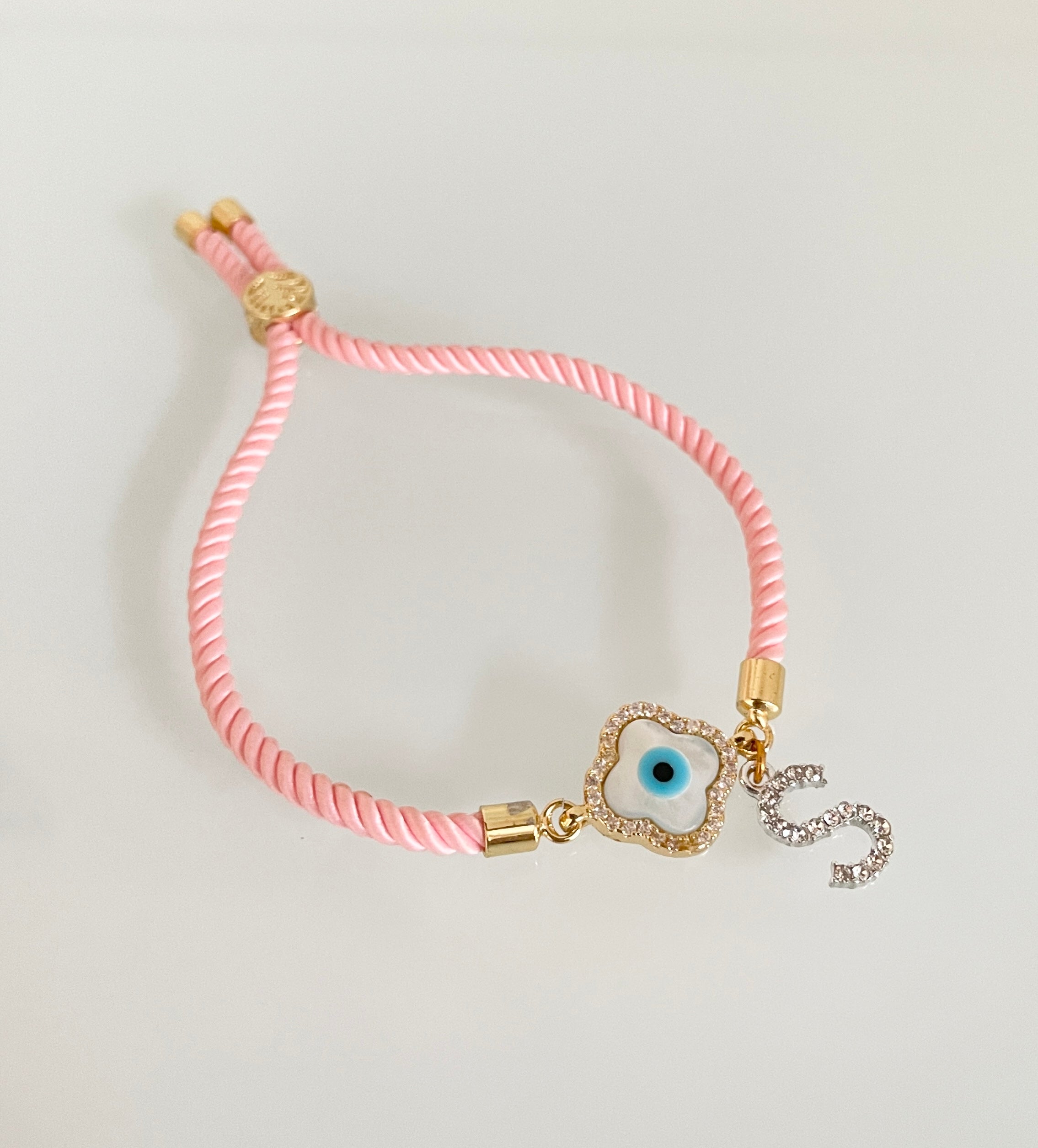 Personalised Clover Evil Eye Bracelet with Pink Cord