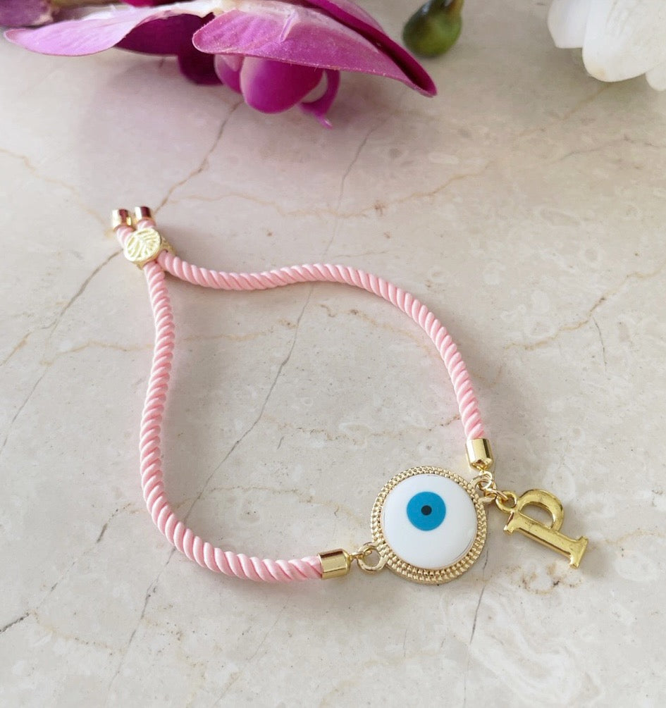 Personalised Evil Eye Letter bracelet with Pink Cord