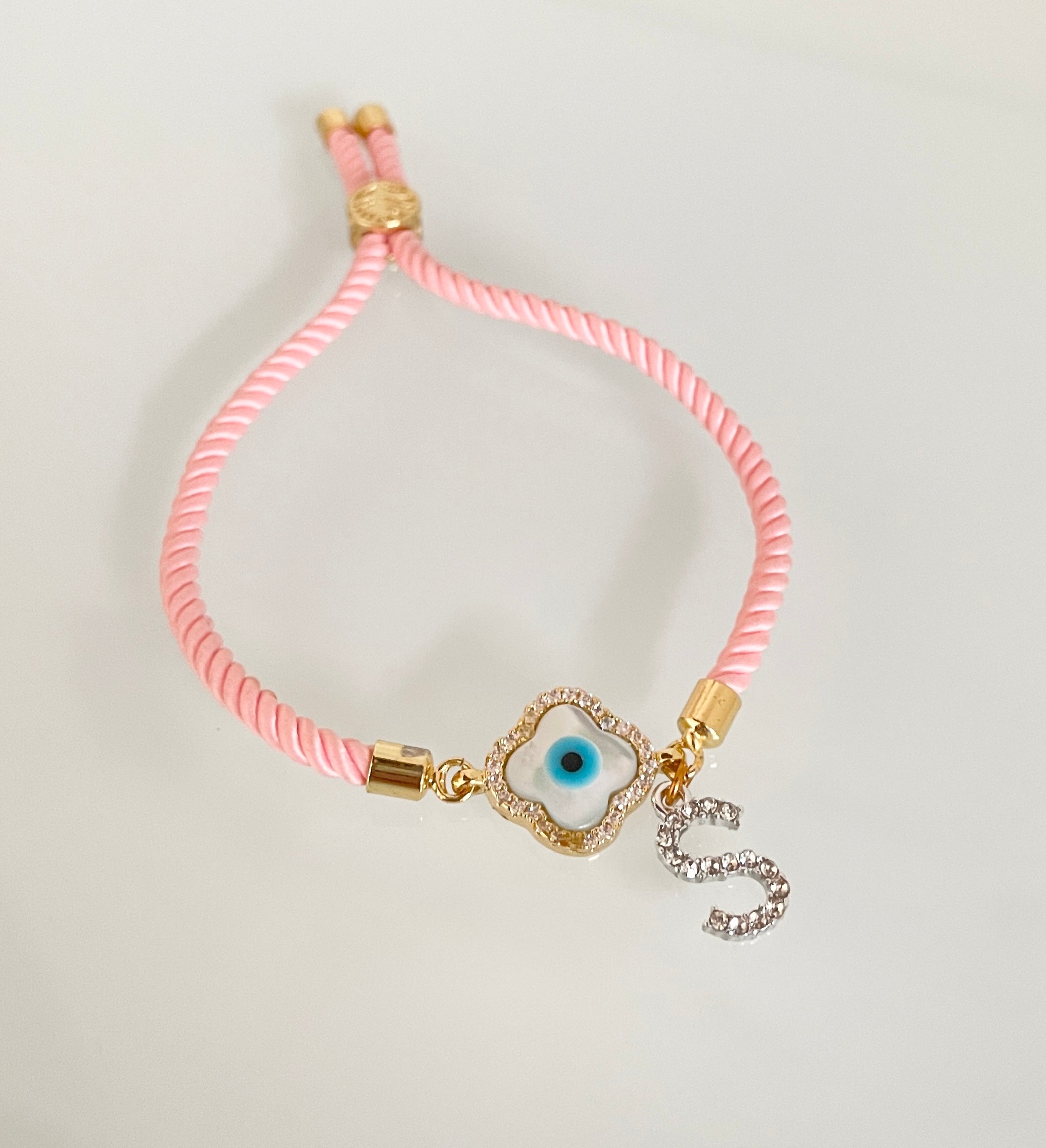 Personalised Clover Evil Eye Bracelet with Pink Cord
