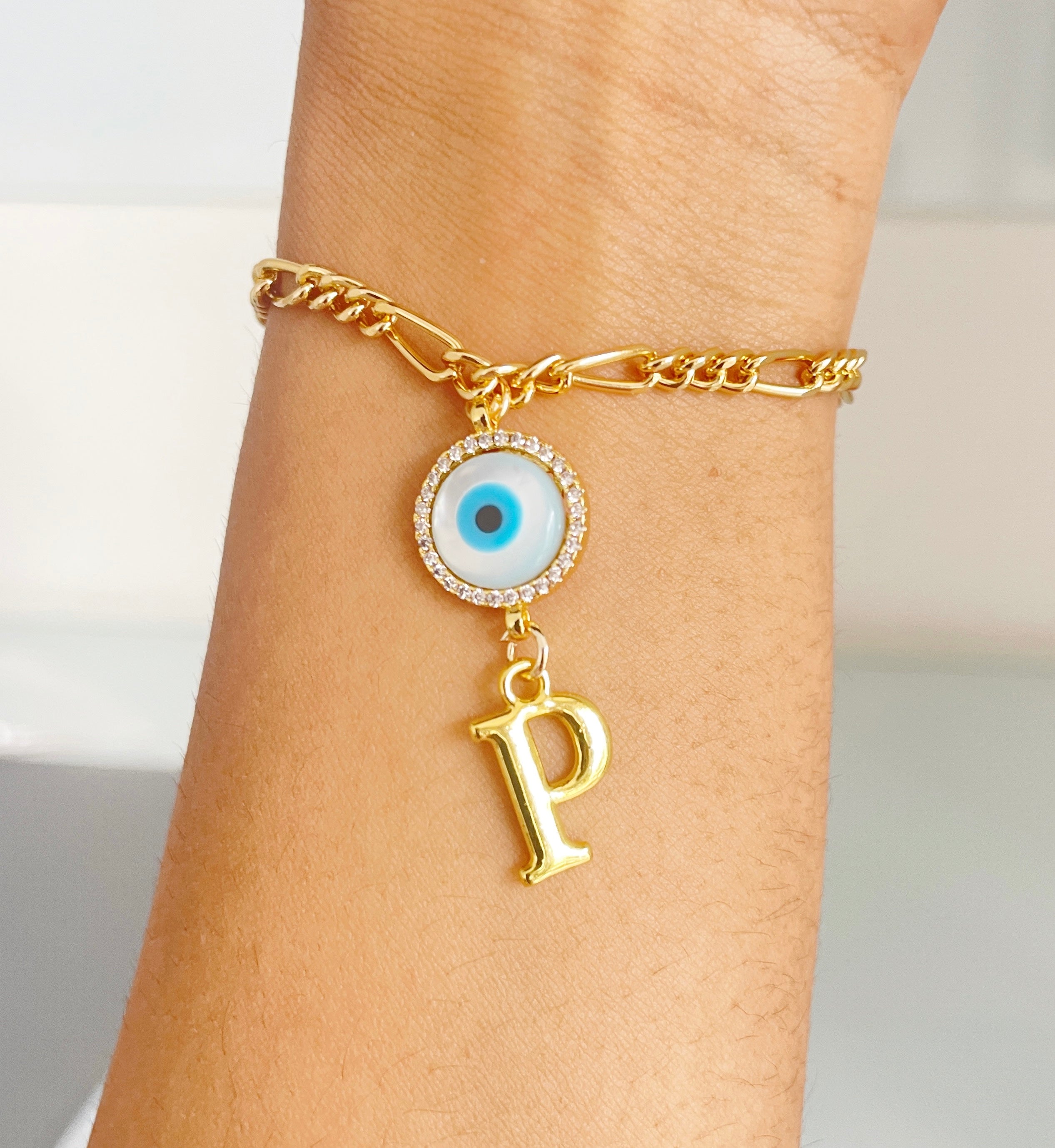 Personalised Round Evil Eye Gold Letter bracelet with Adjustable Cord