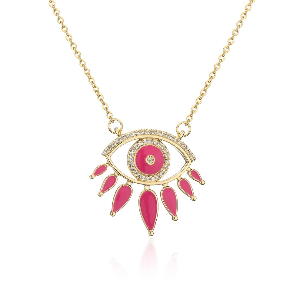 Ikasiya Pink Crystal Studded Evil Eye Necklace