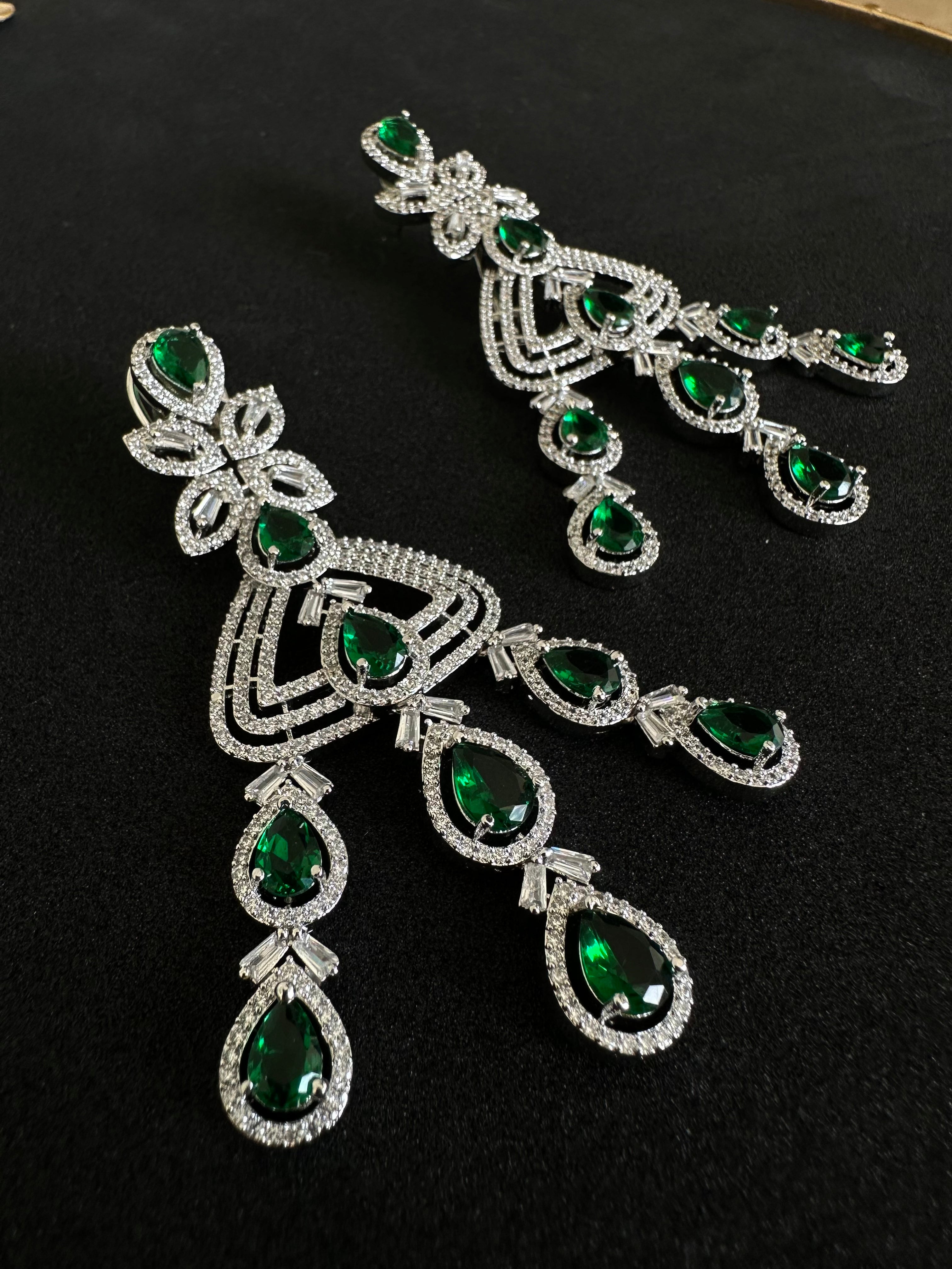 White Diamonds Long Earrings with Green Stones